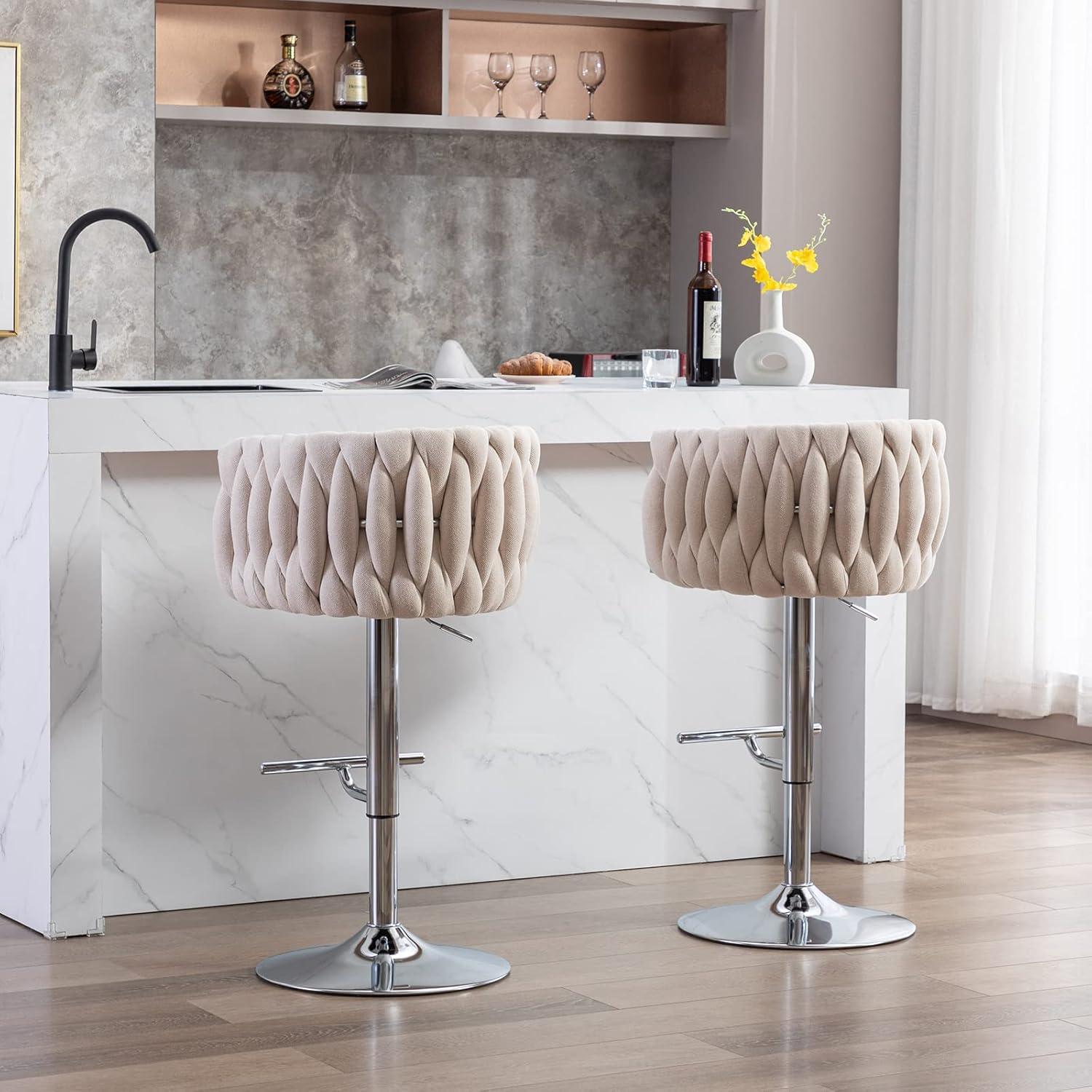 Everly Quinn Swivel Adjustable Height Bar Stool Modern Velvet Barstool with Barrel Back Kitchen Island Counter Bar Chair with Golden Base