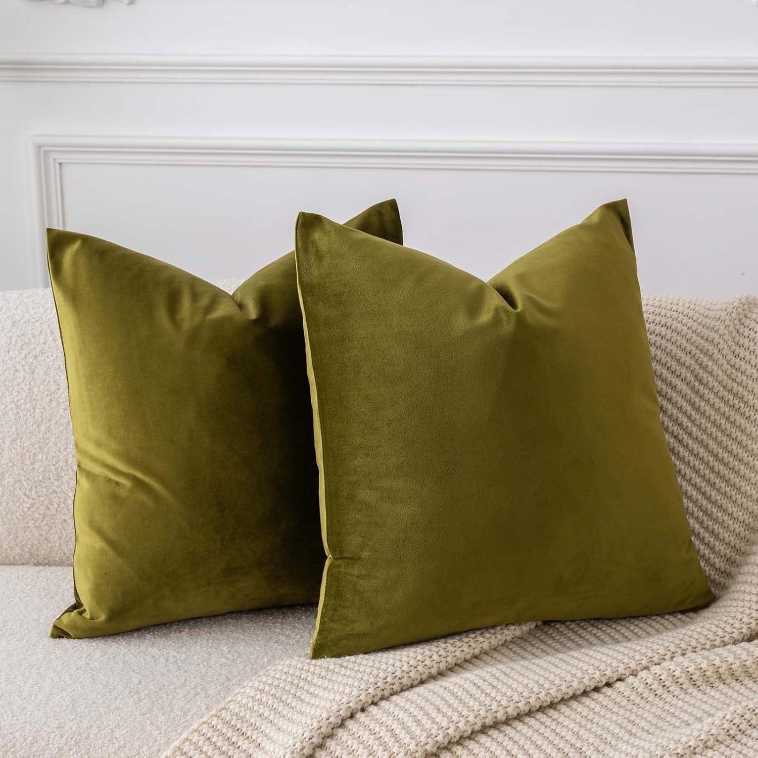 JUSPURBET Throw Pillow Covers Set of 2 Decorative 26x26 Velvet Pillow Covers for Couch Sofa Bed Soft Cushion Covers Cases with Invisible Zipper for Living Room Home Decor,Olive Green