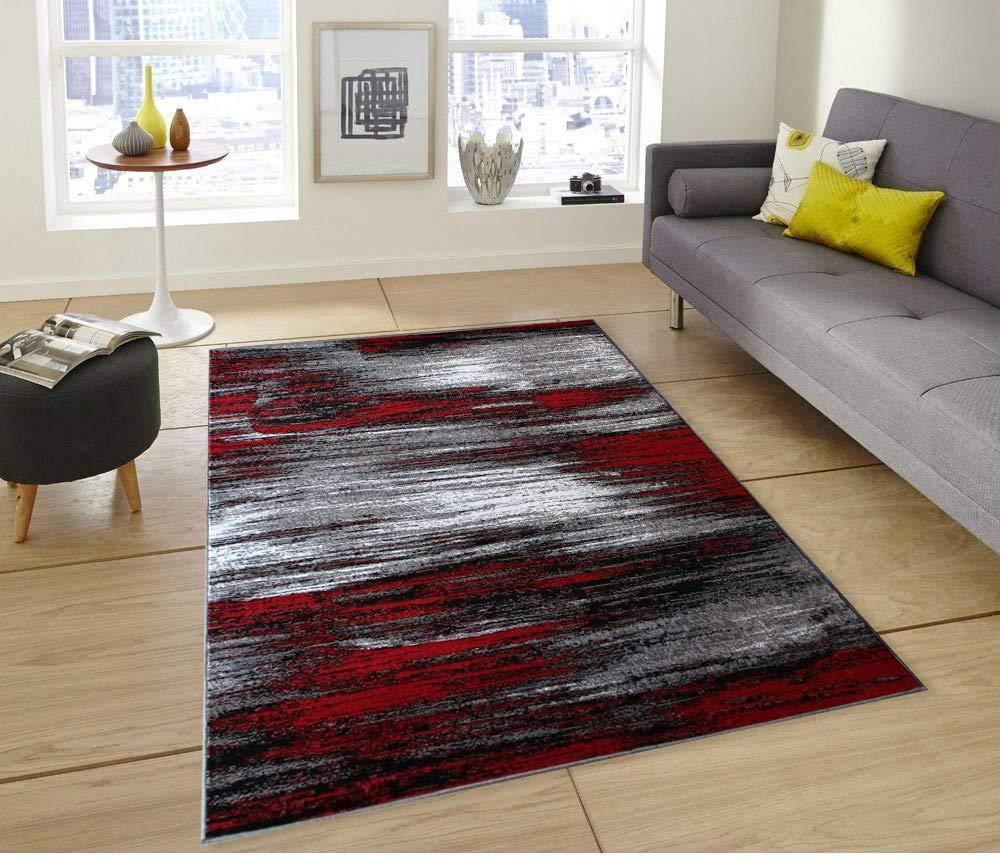 BizChair Modern Contemporary Area Rug, Red Grey Black (5 Feet X 7 Feet)