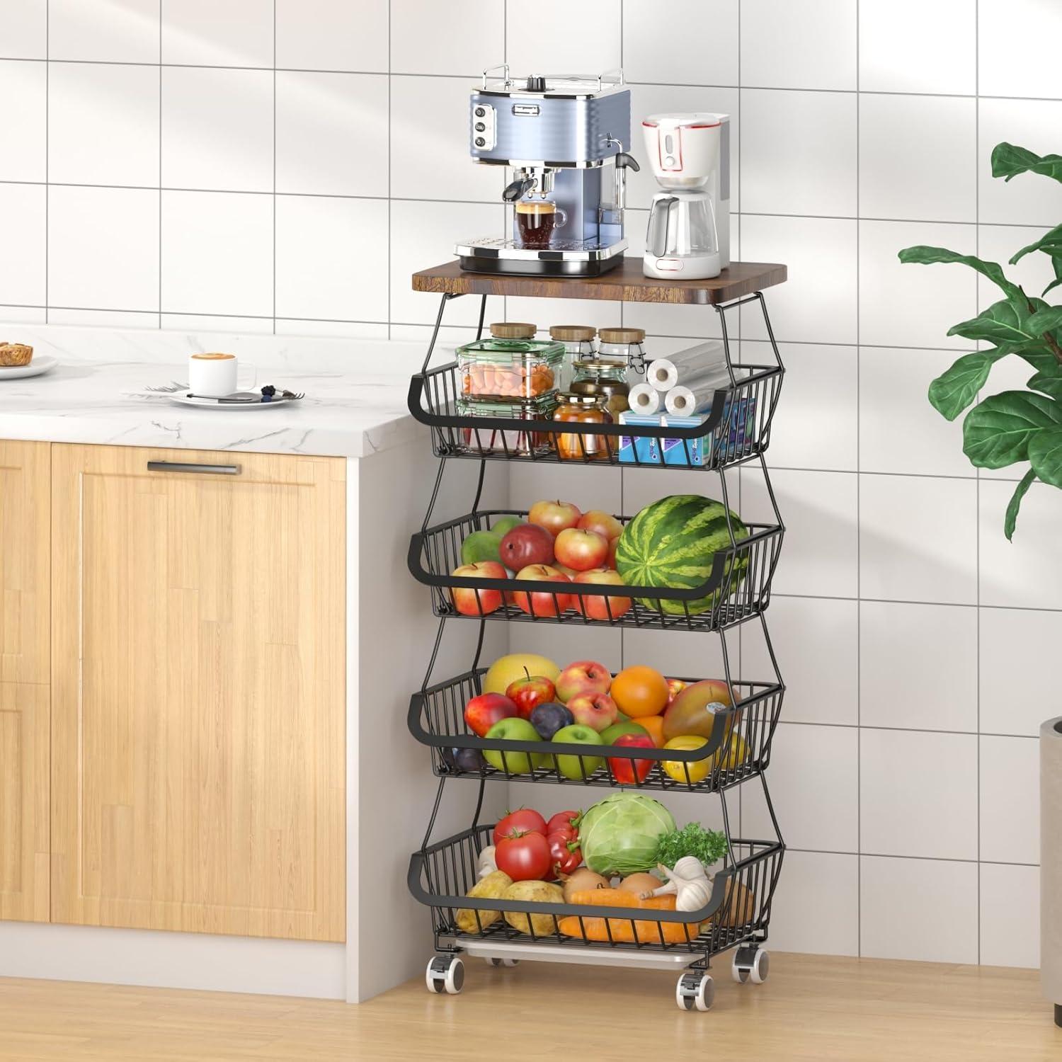 HYYYYH 5 Tier Fruit Vegetable Storage Baskets with Wood Stackable Storage Baskets Produce Storage Bins for Kitchen, Bathroom, Pantry