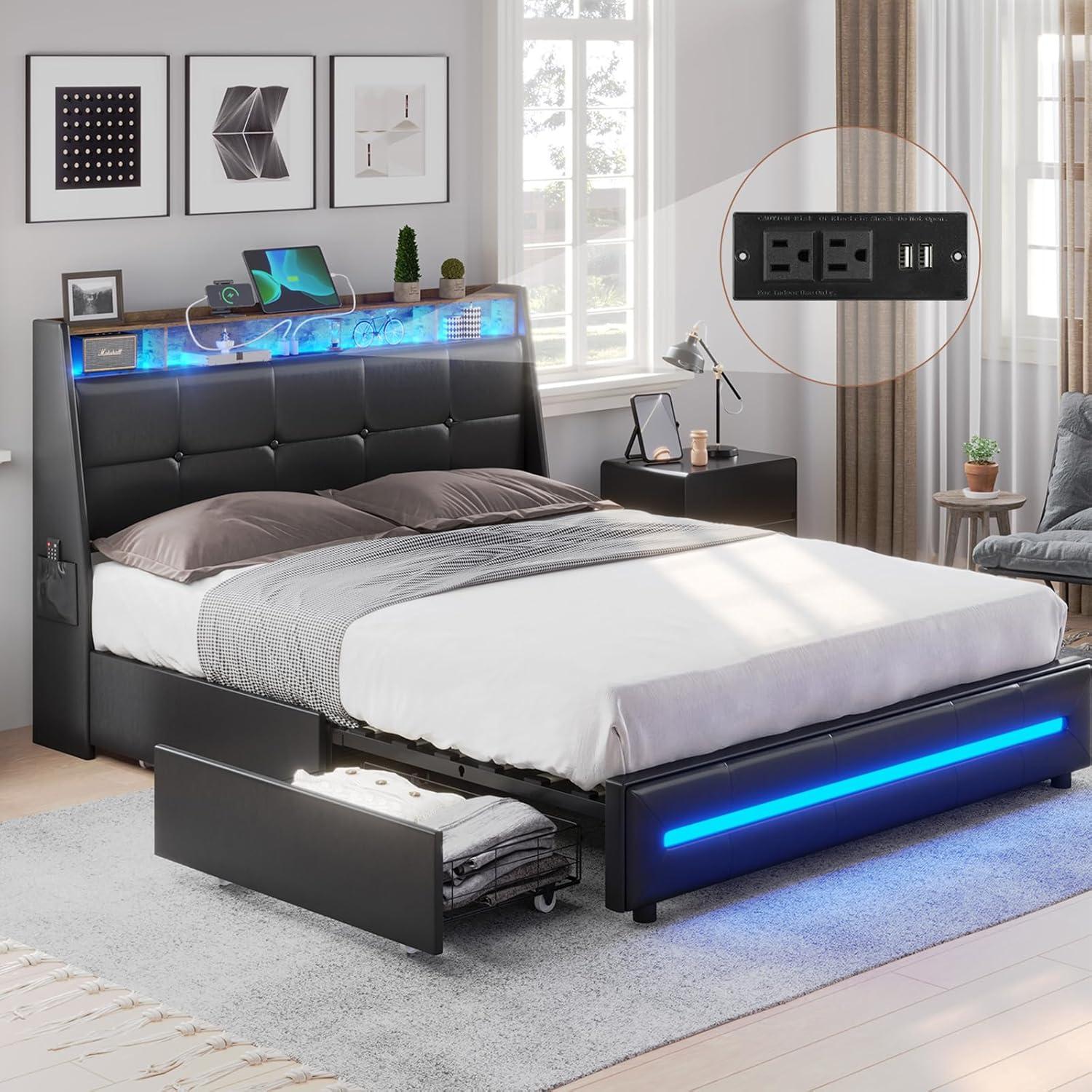 Queen Black Upholstered Bed Frame with LED Lights and Storage Drawers