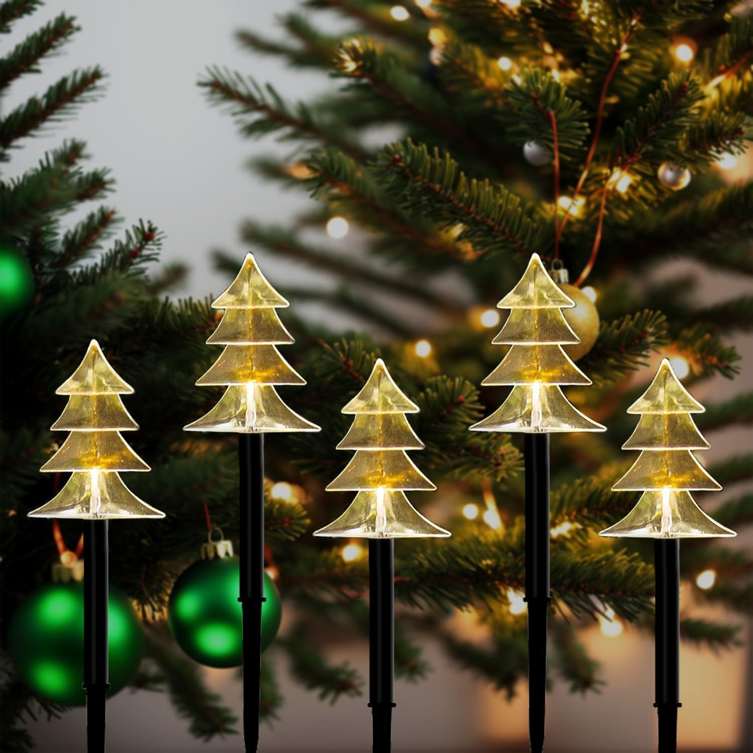 Solar LED Christmas Tree Pathway Lights, Warm White, Set of 5