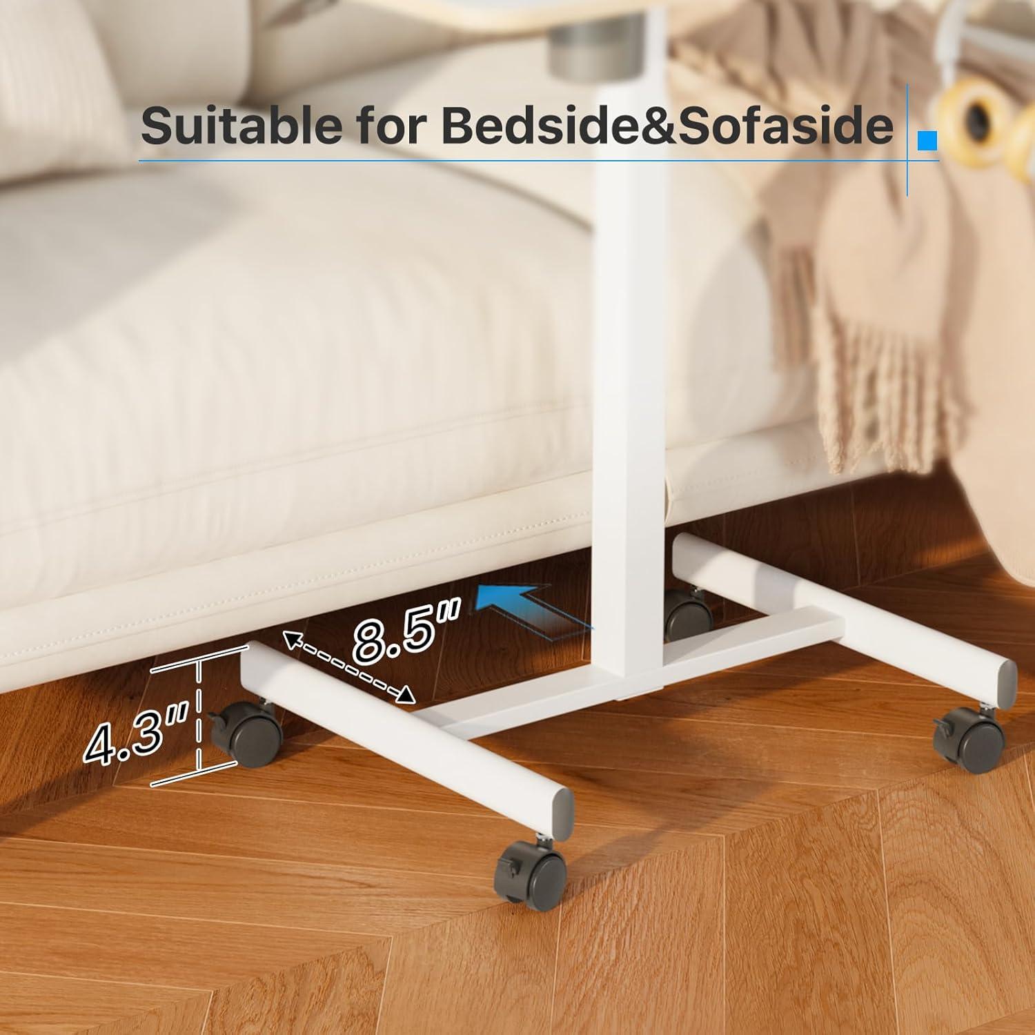 Mobile Standing Desk, Rolling Laptop Cart Adjustable Height with Cup Holder, 28 inch Portable Table with 4 Lockable Wheels, White Computer Workstation with Hook and Slots for Home Office