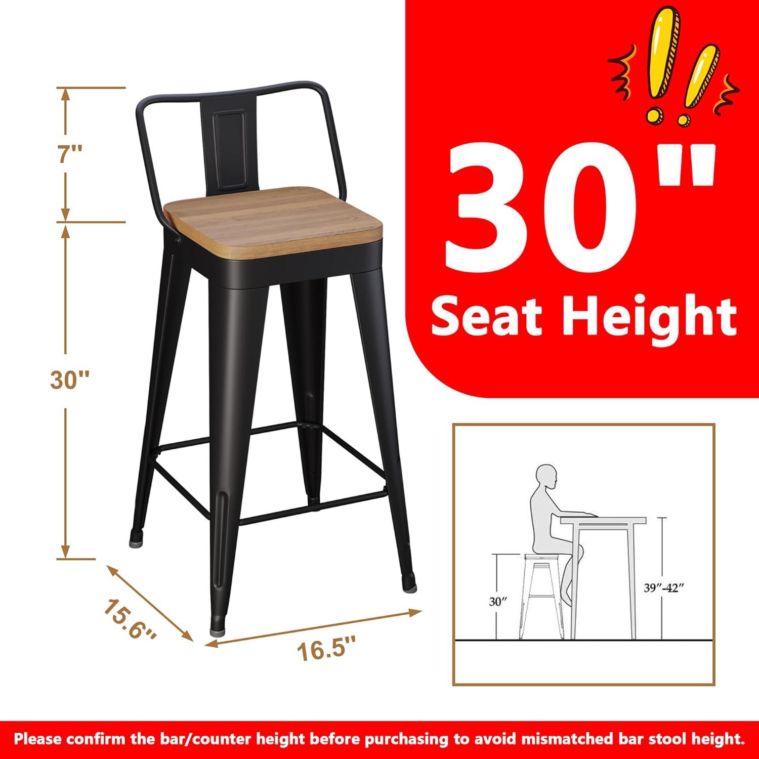Stools Set of 4 Counter Height  Stools Metal Barstools with Removable Back 30" Kitchen  Stools with Wooden Seat