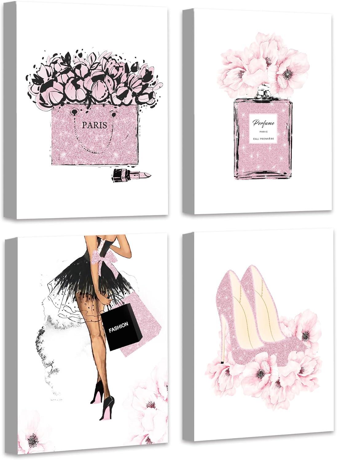 Drsoum Glam Pink Fashion Wall Decor,Woman Makeup Framed Wall Art,Hot Pink Girly Room Decor,Perfume Handbags High Heels Lipstick Wall Paintings Set of 4, 8x10 in (Framed)