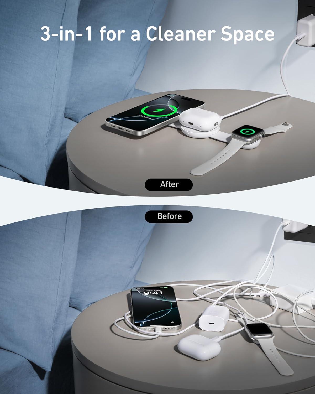 Anker MagSafe Compatible MagGo UFO 3-in-1 Charger, iPhone 16 Wireless Charger Station, Qi2 Certified 15W, Foldable Travel Charging Pad, for iPhone 15/14/13/12, AirPods, Apple Watch (Not a Power Bank)