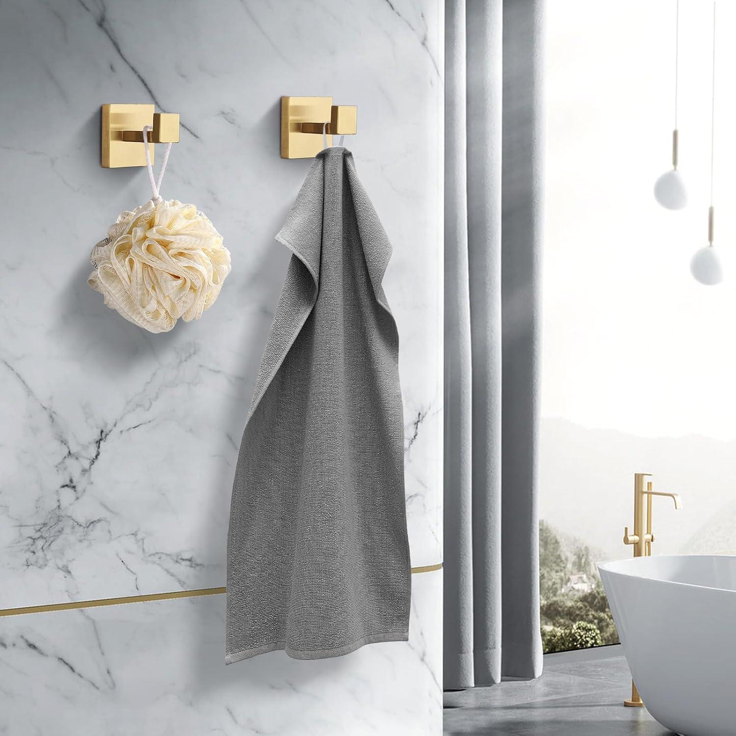 Towel Hooks Robe Hook Coat Hook Stainless Steel Heavy Duty Bathrooms Square Hooks Wall Mounted for Bathroom Kitchen Bedroom Brushed Gold 2 Pack