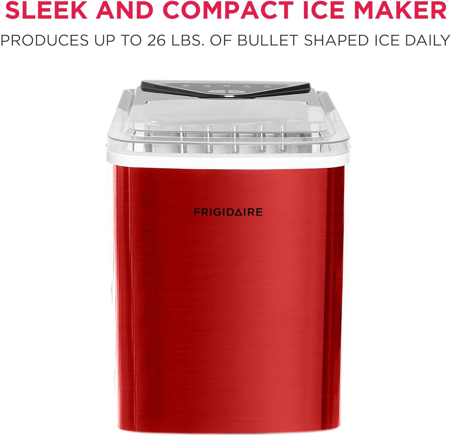 Frigidaire, 26 Lbs. Countertop Ice Maker, Bullet Shaped Ice, Red Stainless Steel