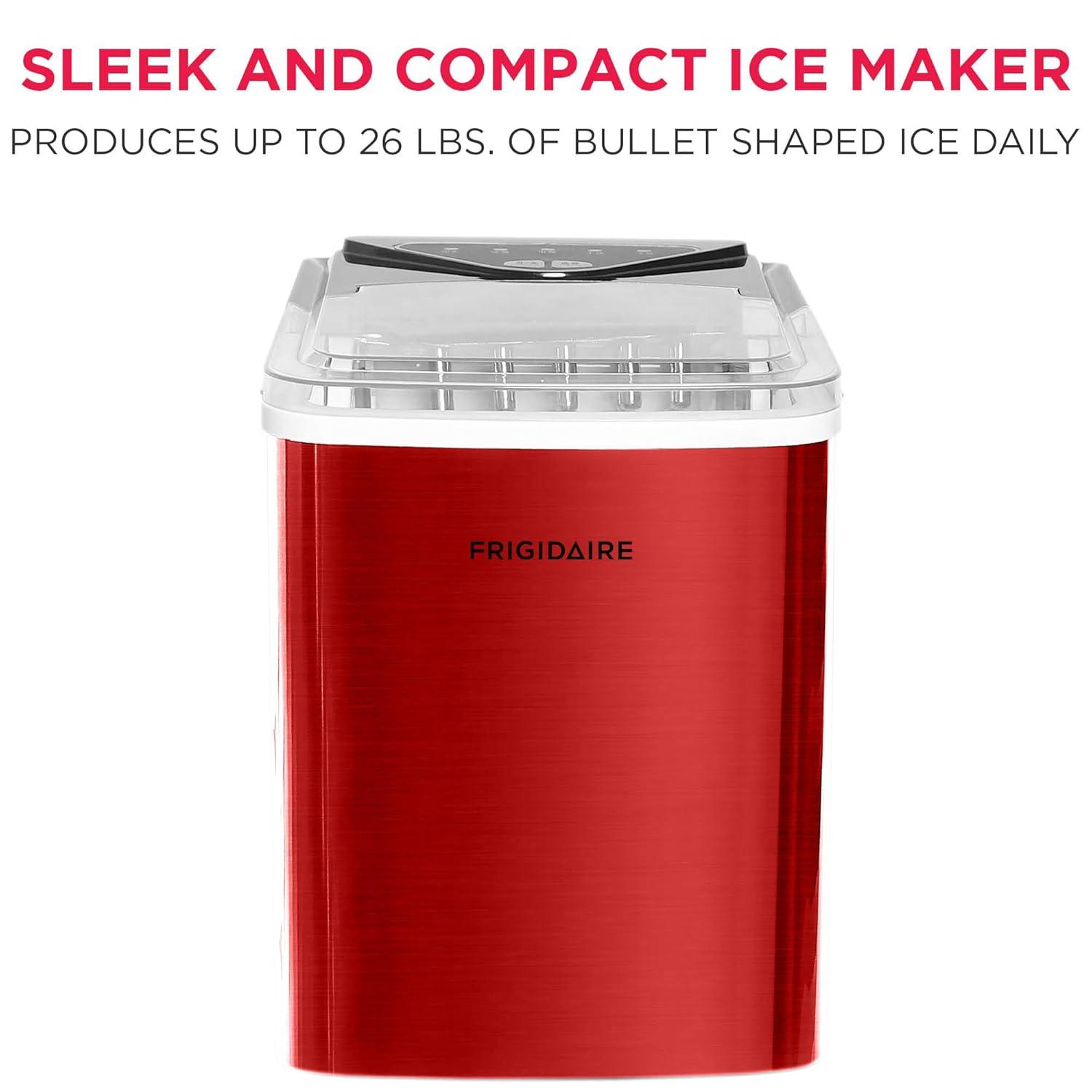 Frigidaire, 26 Lbs. Countertop Ice Maker, Bullet Shaped Ice, Red Stainless Steel