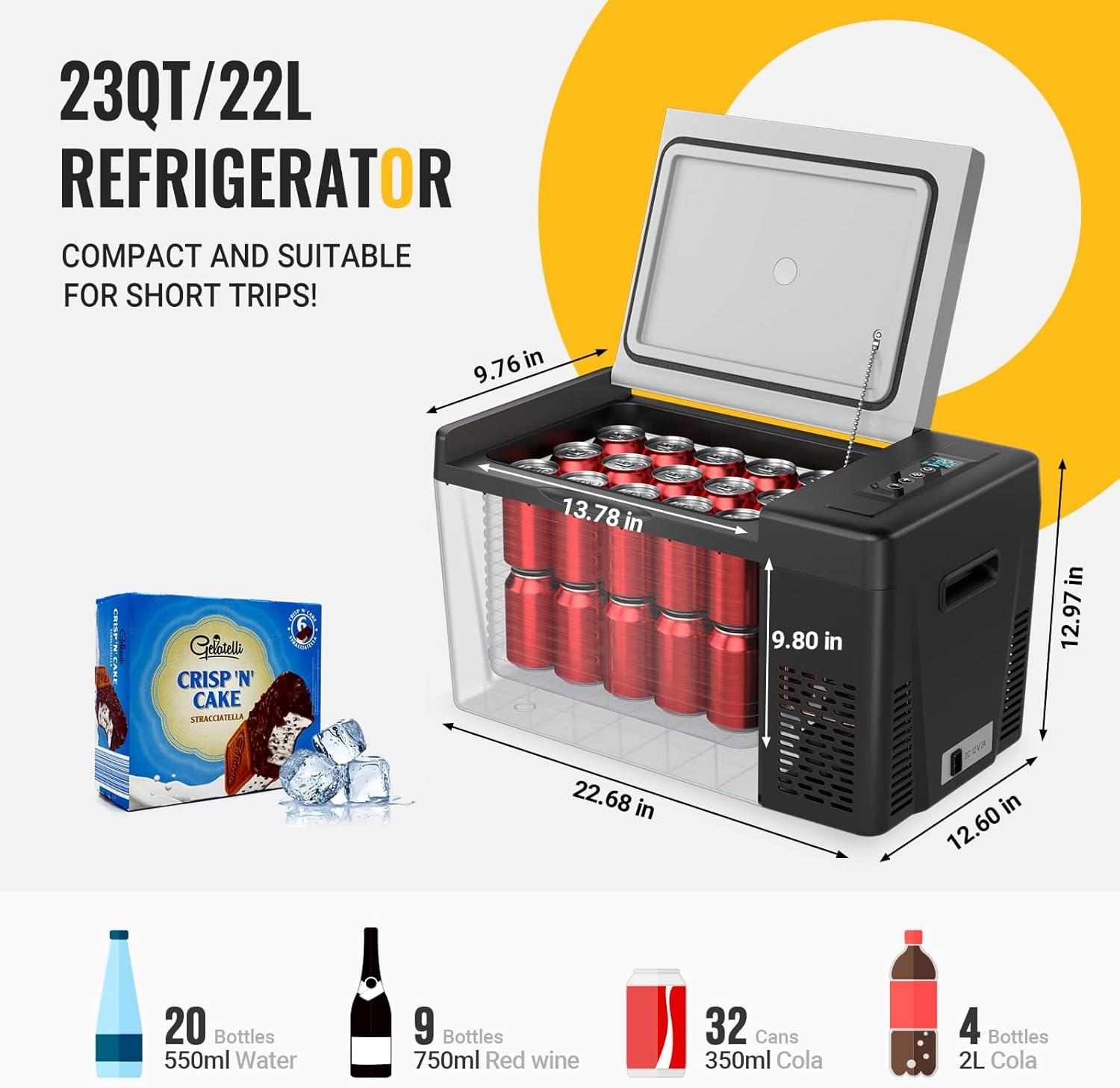 BougeRV Portable Car Refrigerator 23 Qt, 12 Volt Refrigerator Portable Freezer Compressor Cooler with -7℉~50℉ Cooling Range, 12/24V DC 110~240V AC for RV Truck Vehicle Boat Outdoor Use Black