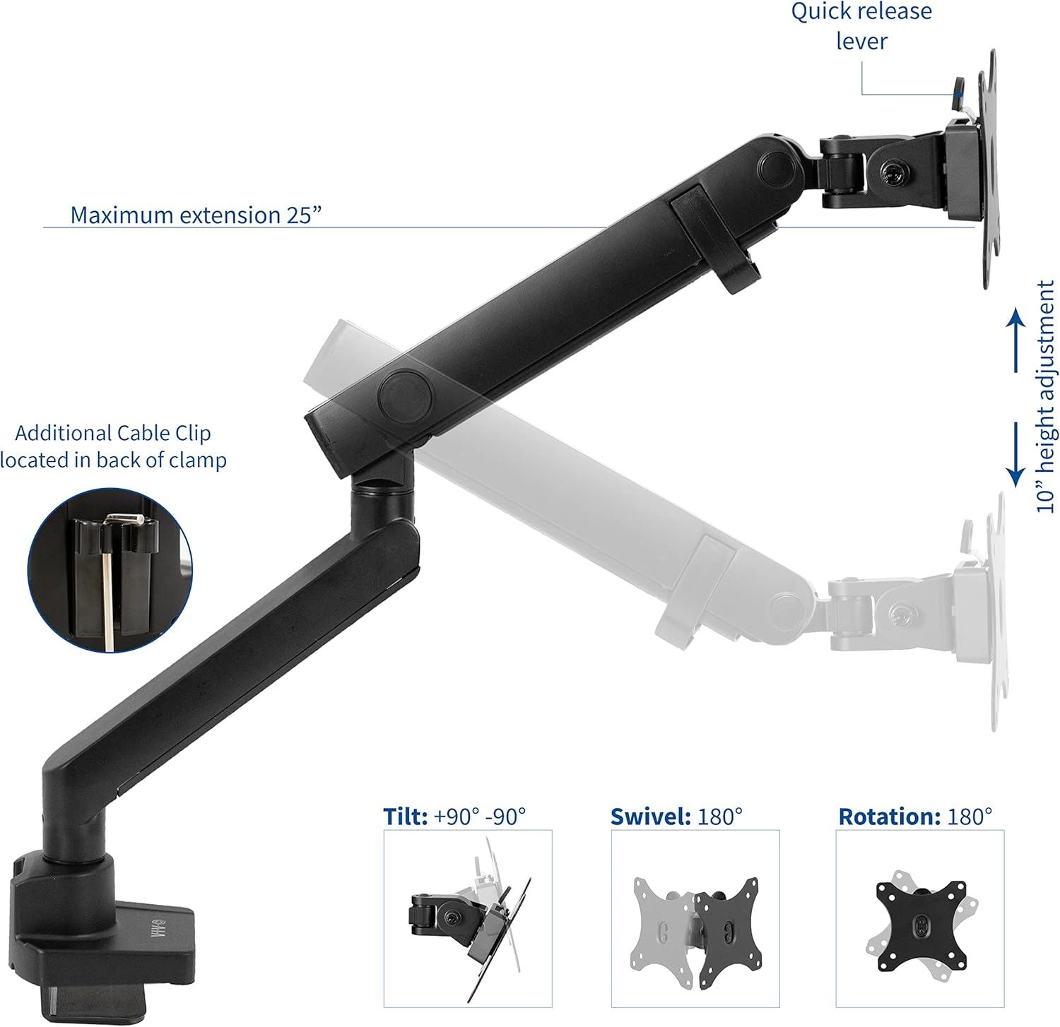 Black Aluminum Full Motion Single Monitor Desk Mount