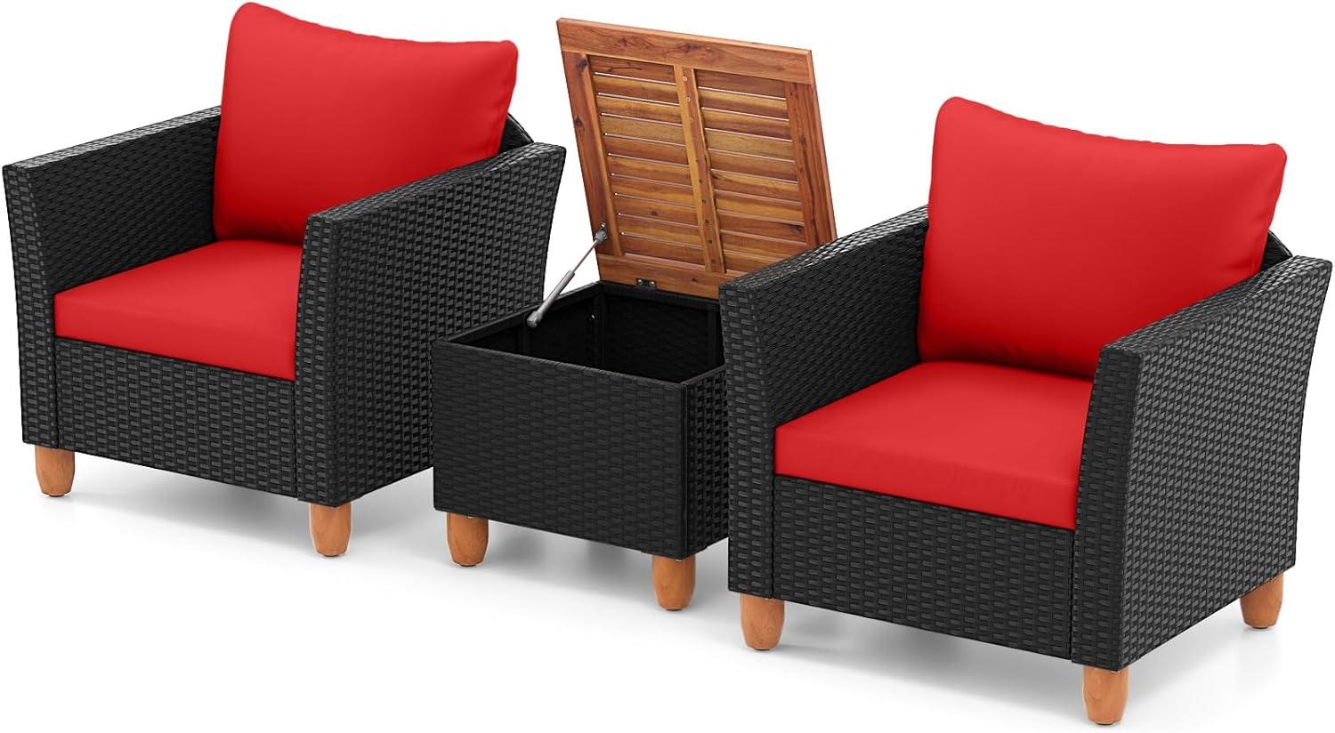 Tangkula 3PCS Patio Rattan Conversation Set Outdoor Furniture Set w/ Red Cushions