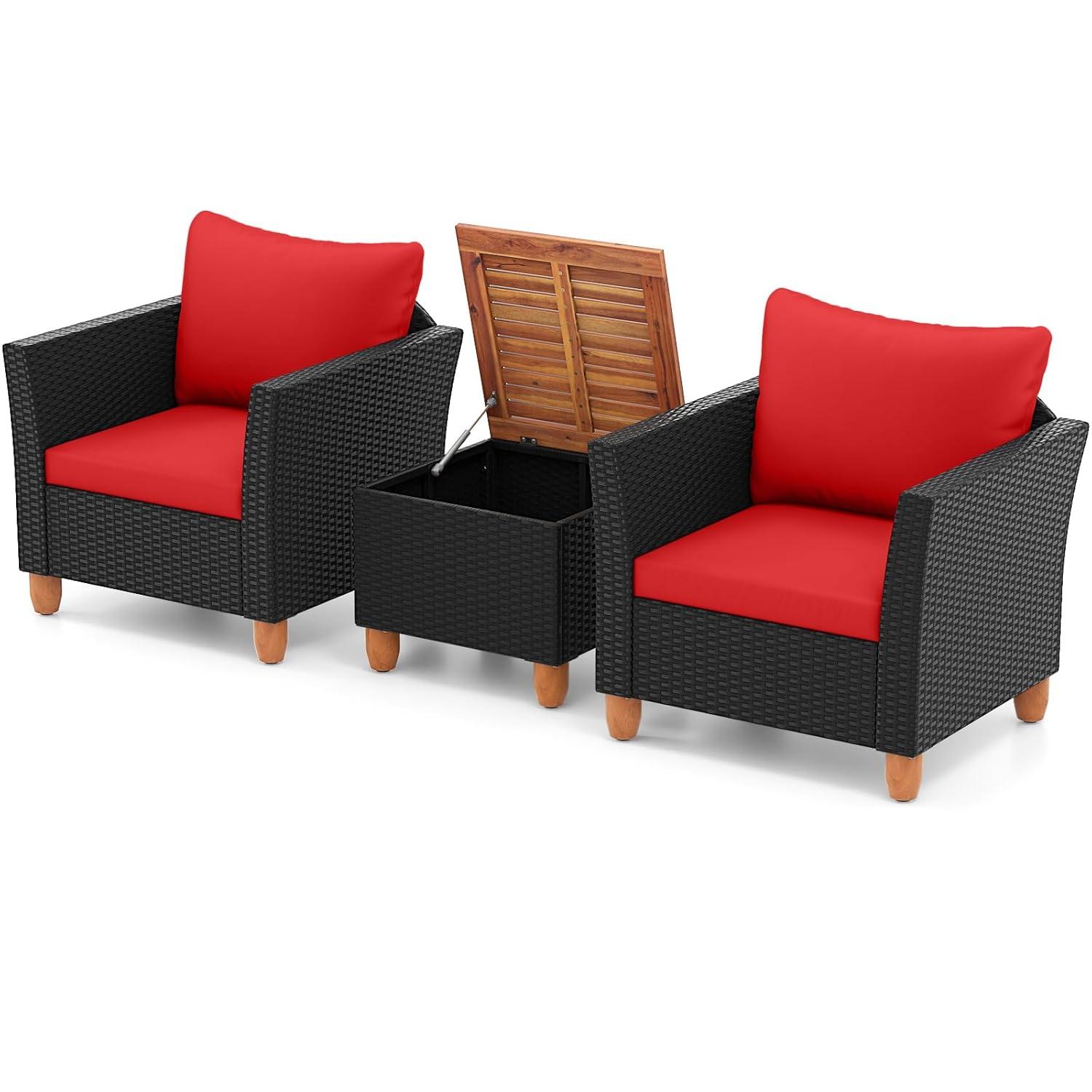 Tangkula 3PCS Patio Rattan Conversation Set Outdoor Furniture Set w/ Red Cushions