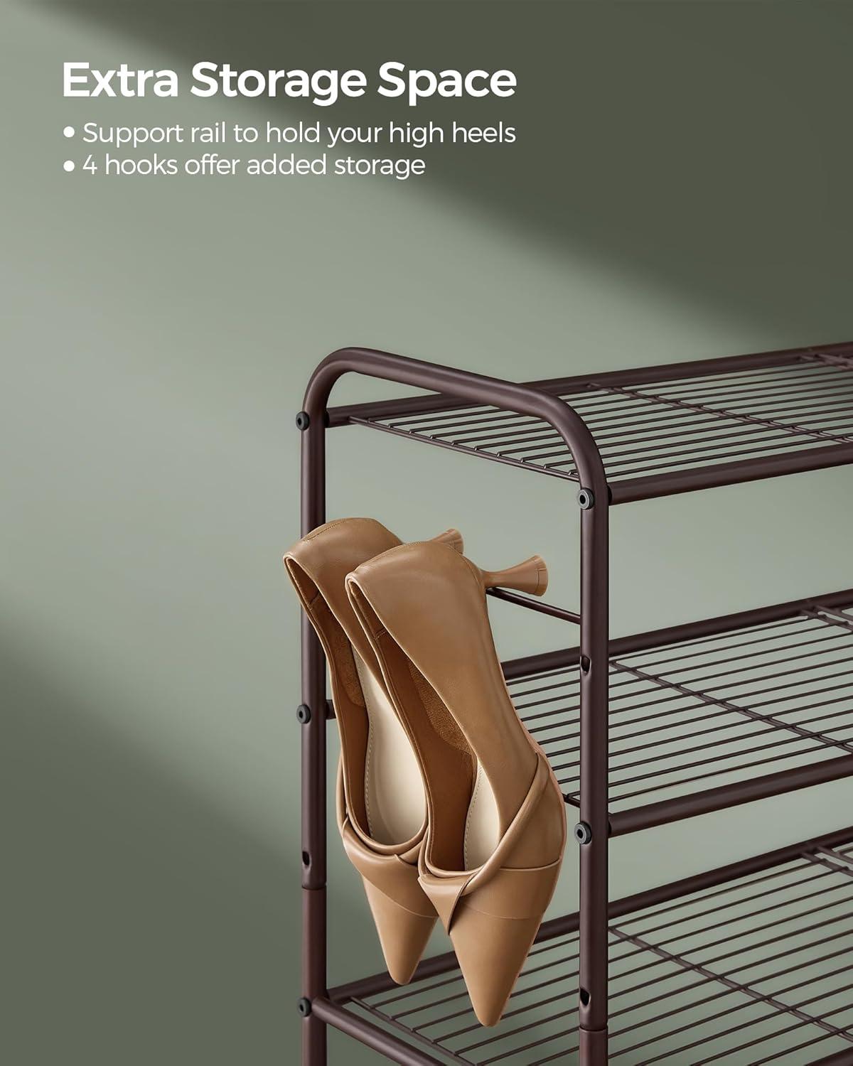 Chestnut Brown 2-Tier Metal Shoe Rack with Hooks