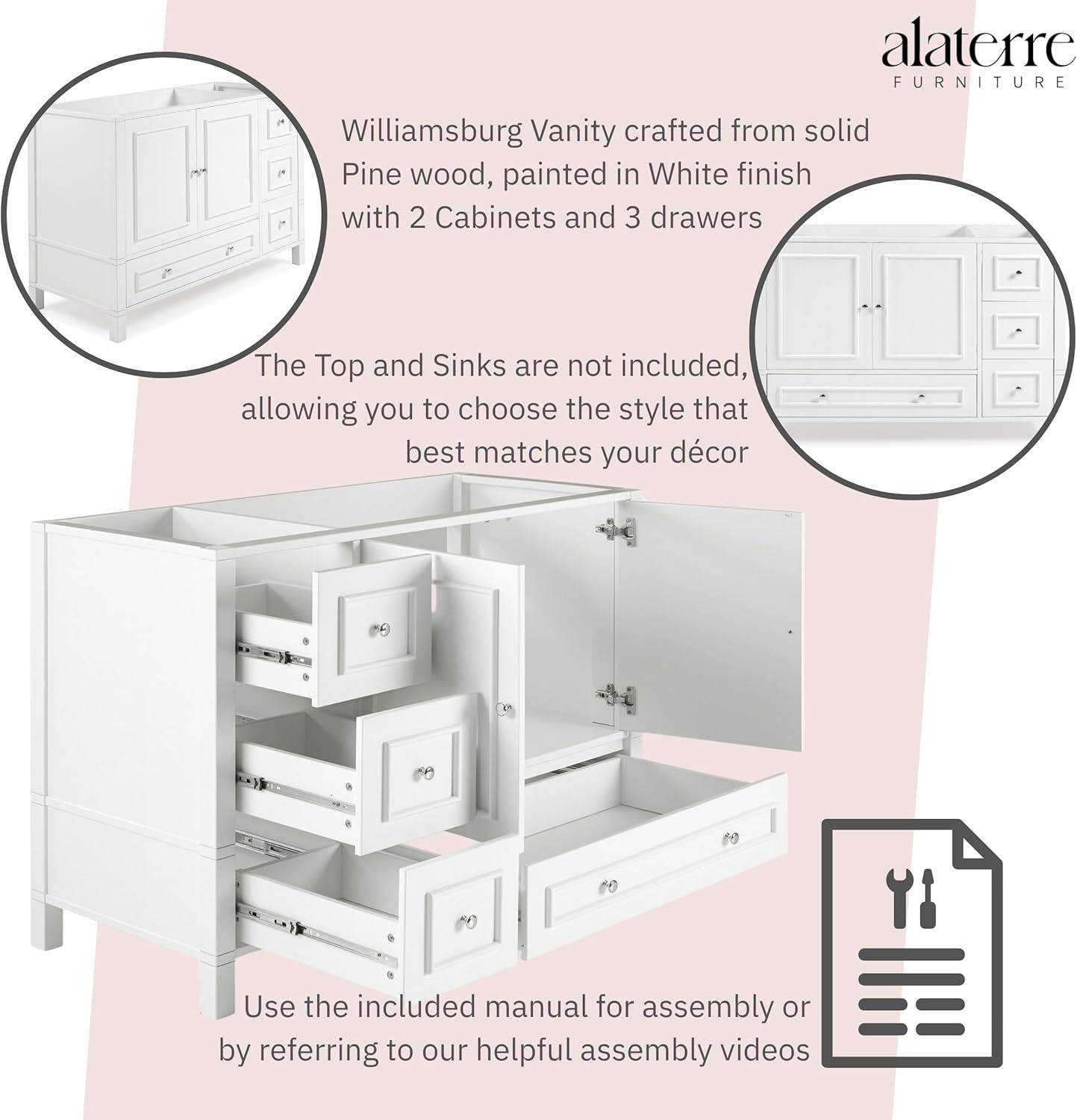 Williamsburg 48 Inch Bathroom Vanity, Freestanding Cabinet Without Sink, Large Wood Vanity with Soft-Close Doors