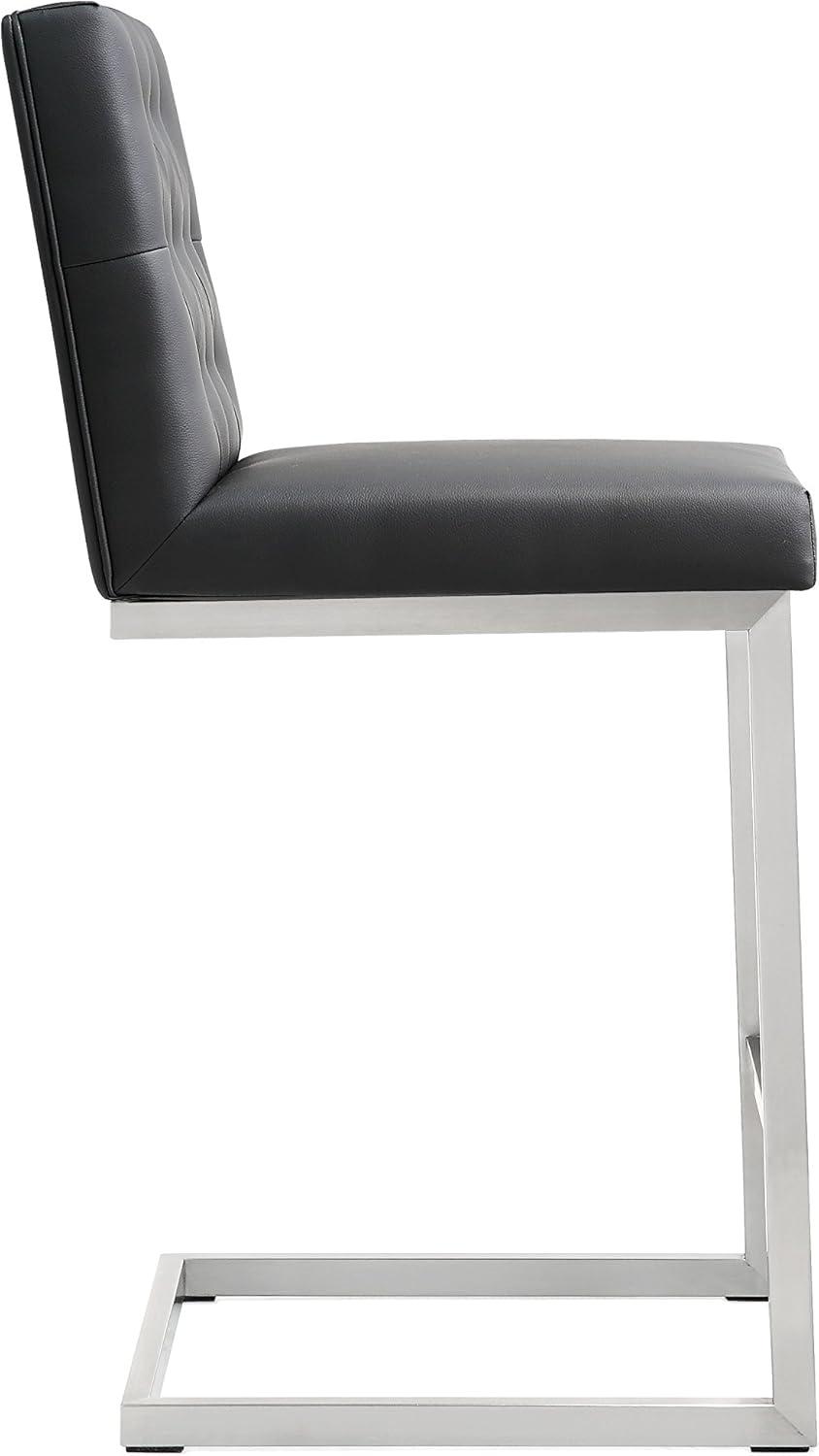 Helsinki Contemporary Black Leather Counter Stool with Stainless Steel Base