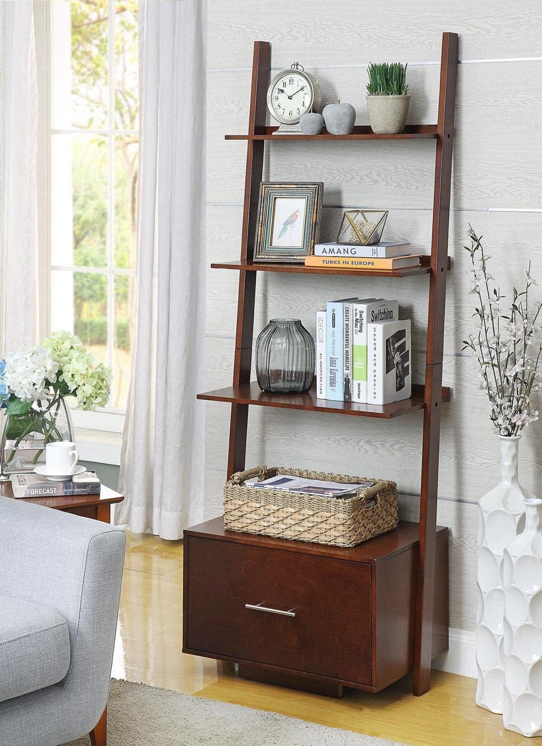 Espresso Ladder Bookcase with Spacious Tiers and File Drawer