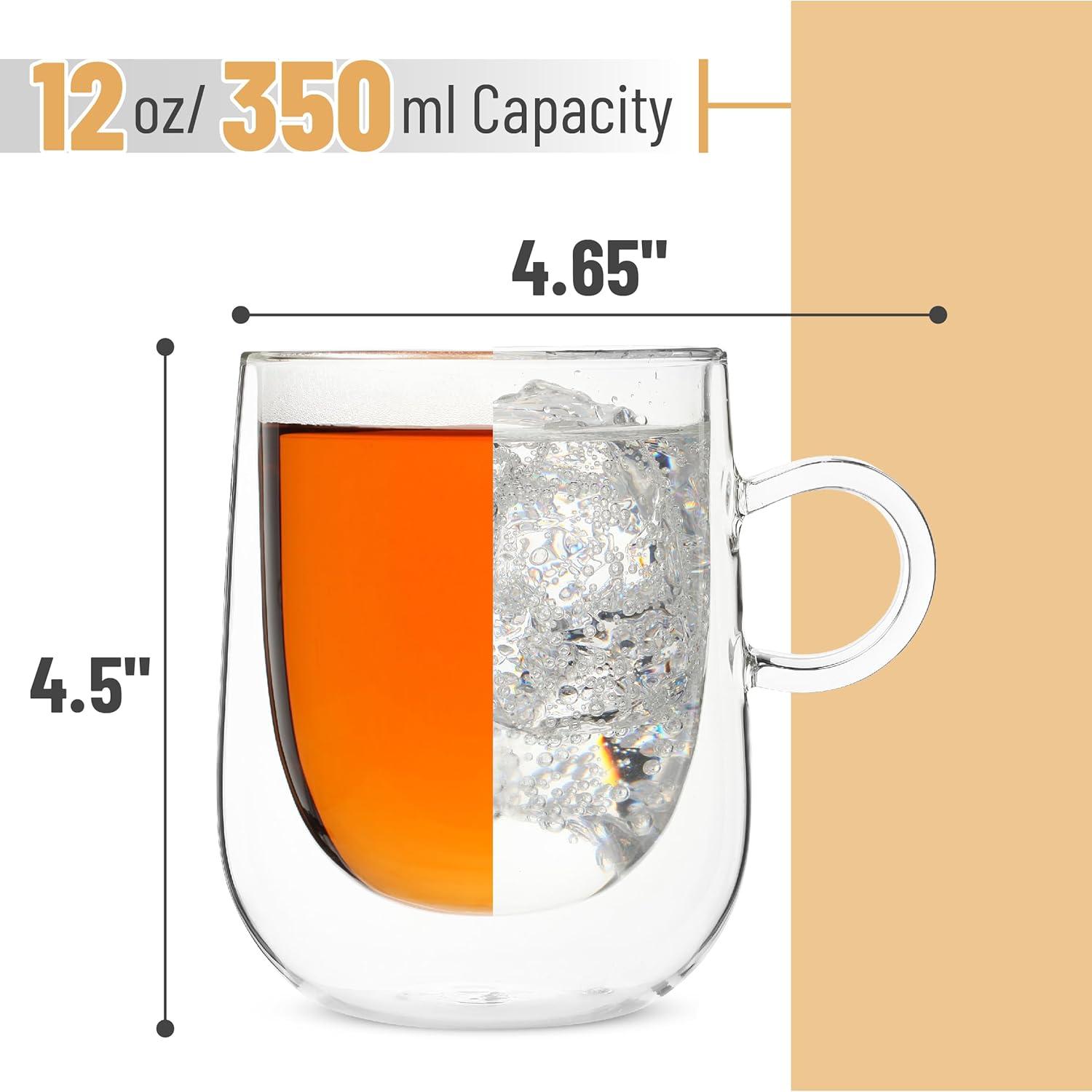 Clear Double Wall Glass 12 oz Coffee Mugs Set of 4