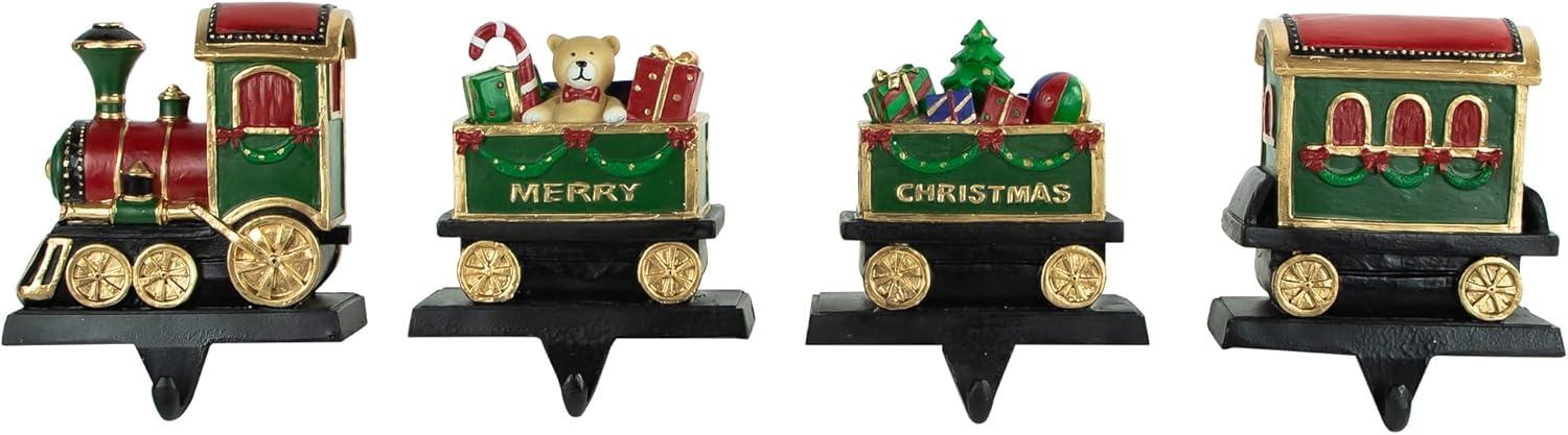 Festive Polyresin Red and Green Train Stocking Holders Set