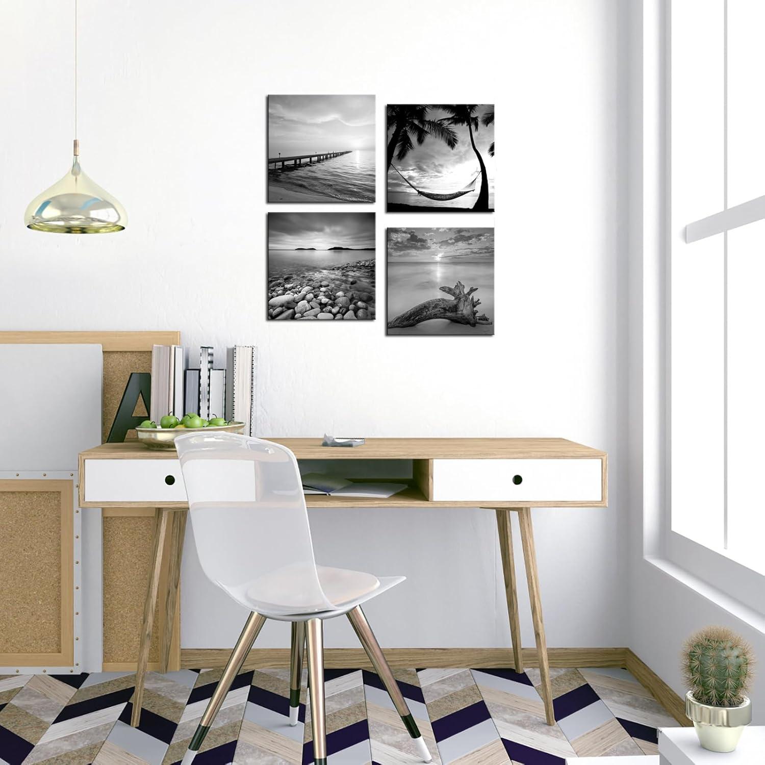 Black and White Seascape Framed Canvas Wall Art Set