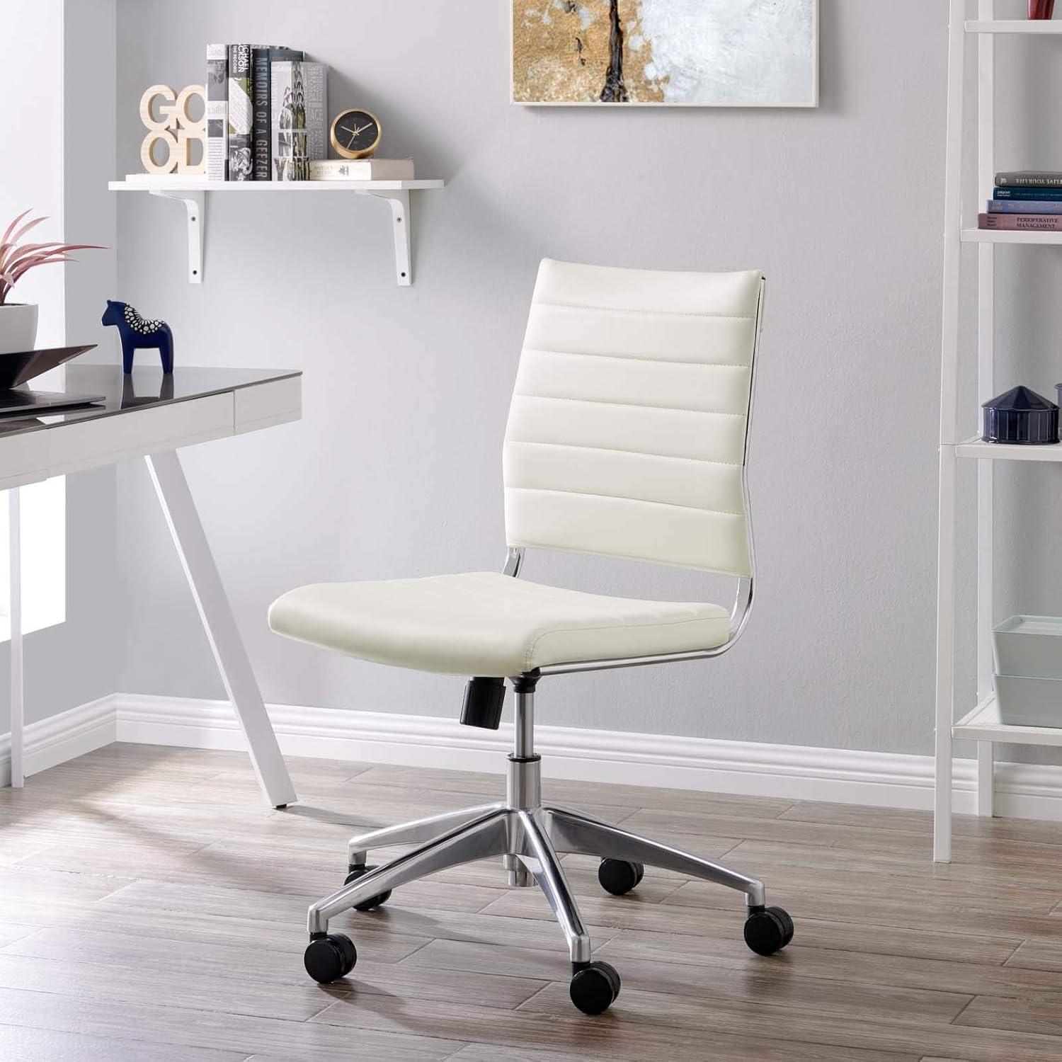 White Vinyl Armless Swivel Task Chair with Metal Base