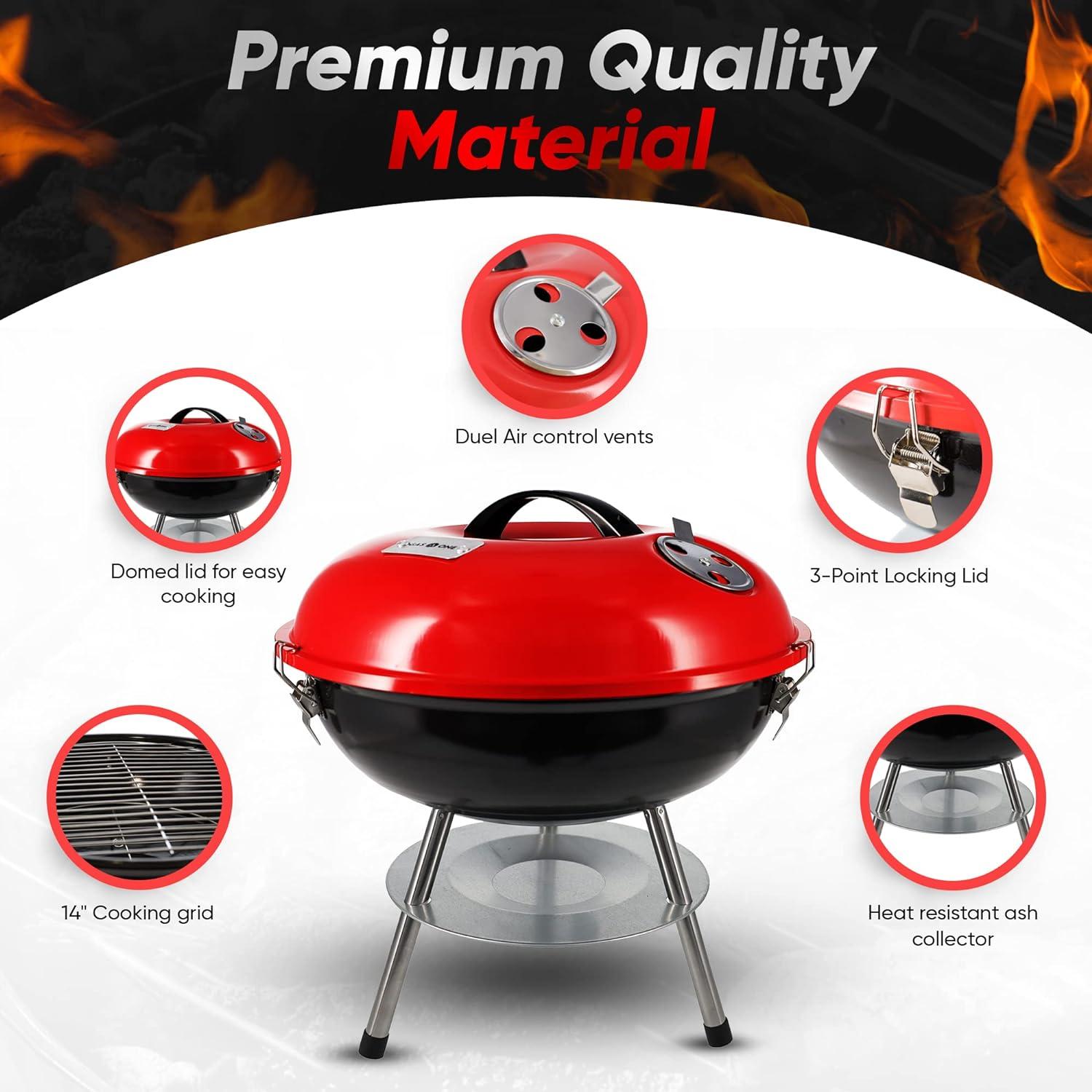 14-Inch Red Portable Charcoal Grill with Smoker