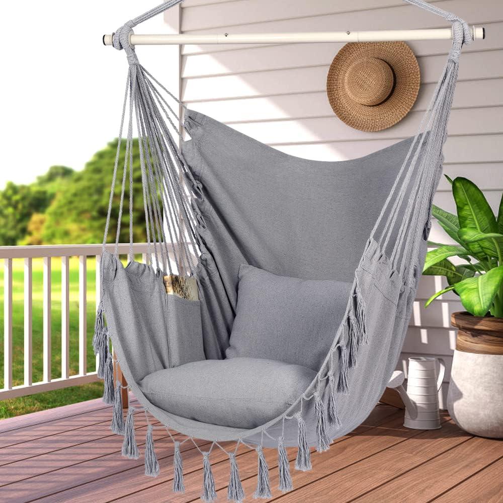 Light Gray Cotton Hanging Chair with Cushions and Pocket