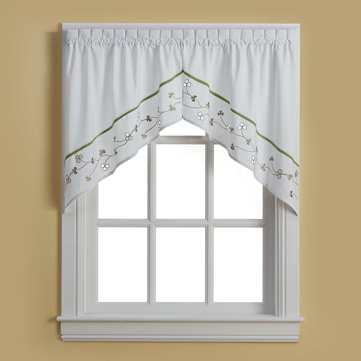 White Embroidered Floral Swag Curtain Pair with Rod Pocket