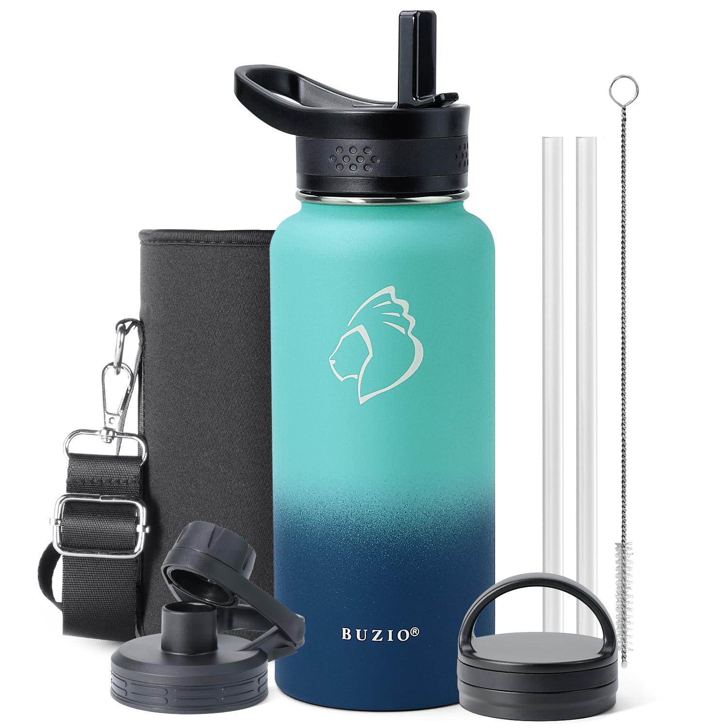 Buzio 32 oz Insulated with Straw & Brush Vaccum Stainless Steel Metal 3 Lids Water Flask for Sports, Gym or Office Keep Cold 48H Hot 24H，Pacific Prince