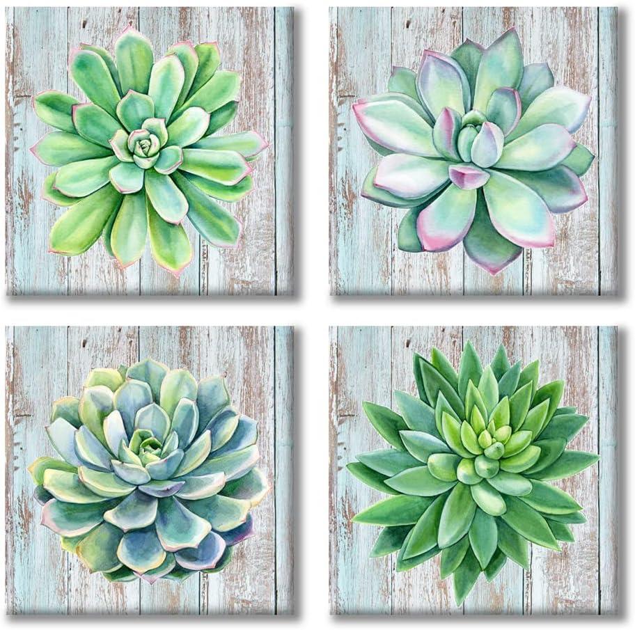 Paimuni Succulents Canvas Wall Art Watercolor Hand-Drawn Green Leaf Plants Printings Ready to Hang Wall Decor Botanical Giclee Prints 12x12inchesx4pcs