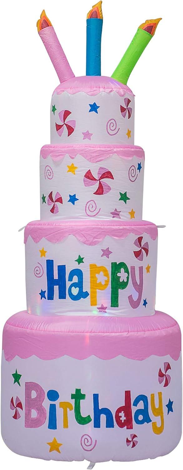 AJY 6 Feet Birthday Inflatable Happy Birthday Inflatable Cake with Candle Blow Up Inflatable Indoor Outdoor Yard Lawn Decoration Clearance