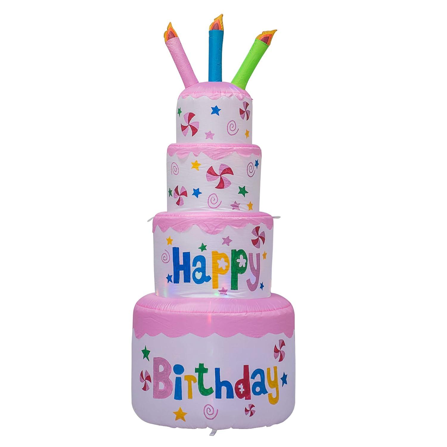 AJY 6 Feet Happy Birthday Inflatable Cake with Candle - Blow Up Indoor/Outdoor Yard Lawn Decoration