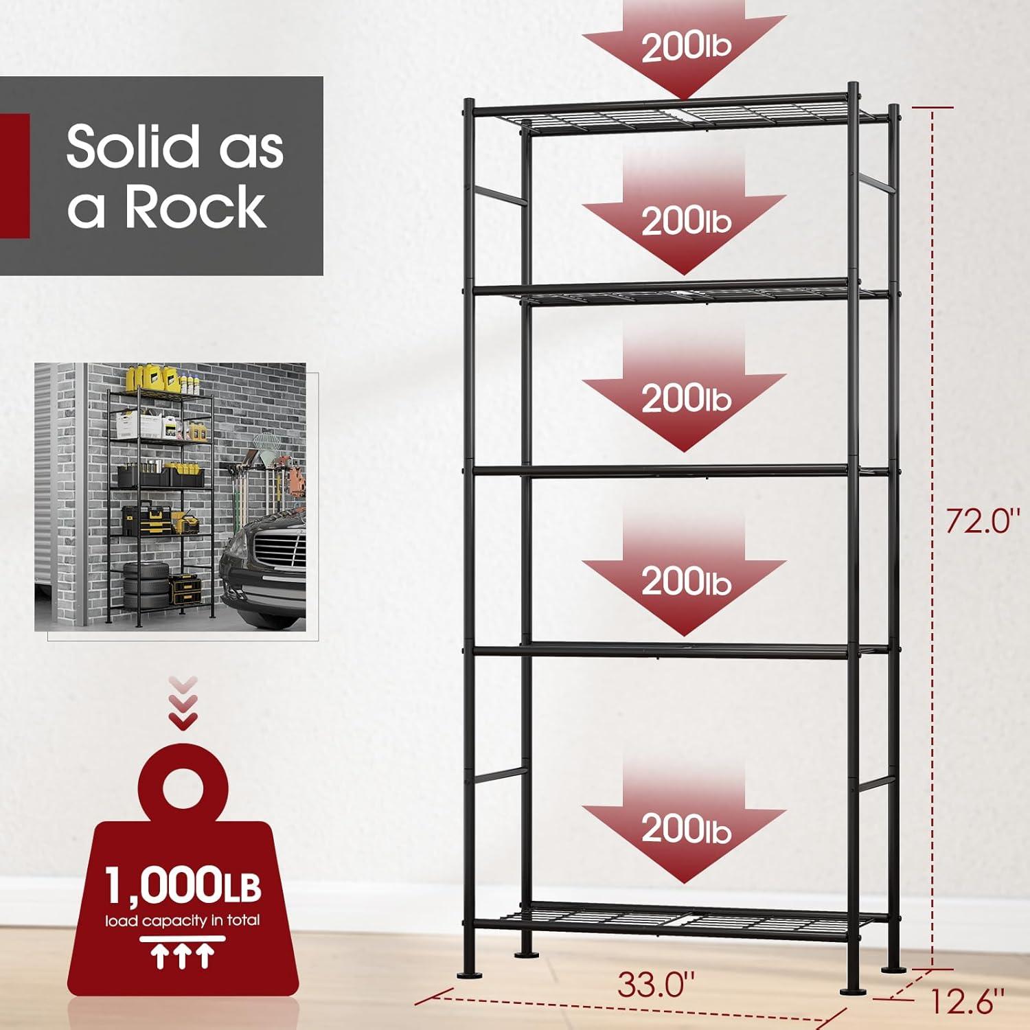 Storage Shelves - 5 Tier Shelf Organizer, Heavy Duty Garage Shelving Unit with Leveling Feet, Stable Metal Shelves Organizer for Pantry, Kitchen and Closet, 33.1" W X 12.6" D X 72.0" H, Black