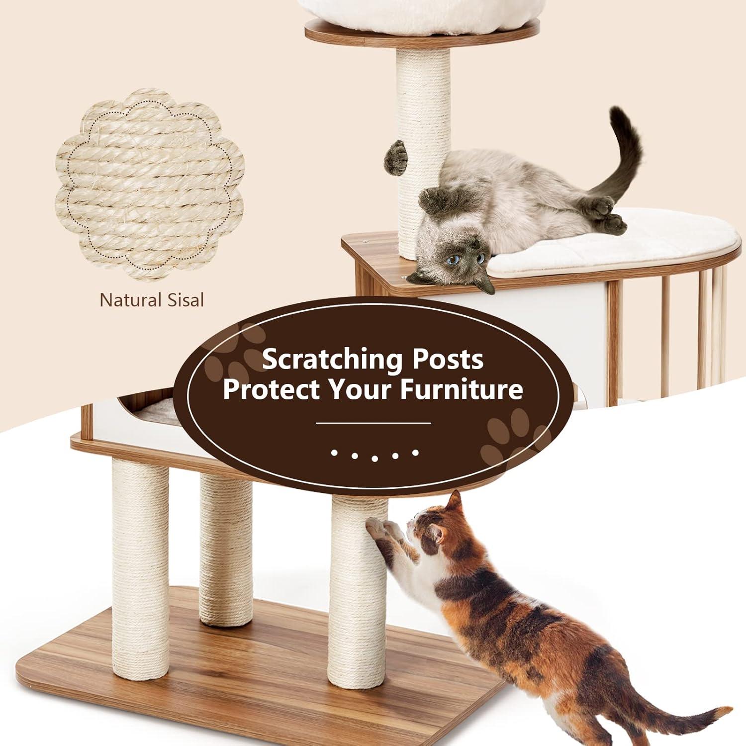 46'' Light Gray Wooden Cat Tree with Sisal Posts and Cushions