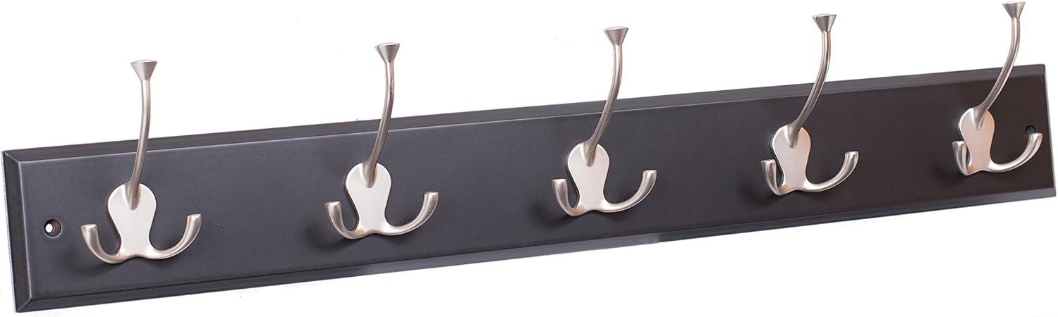 BirdRock Home Tri Hook Coat Rack - 5 Hooks - Wall Mount Hat Rack - Black Finish - Satin Nickel Hooks