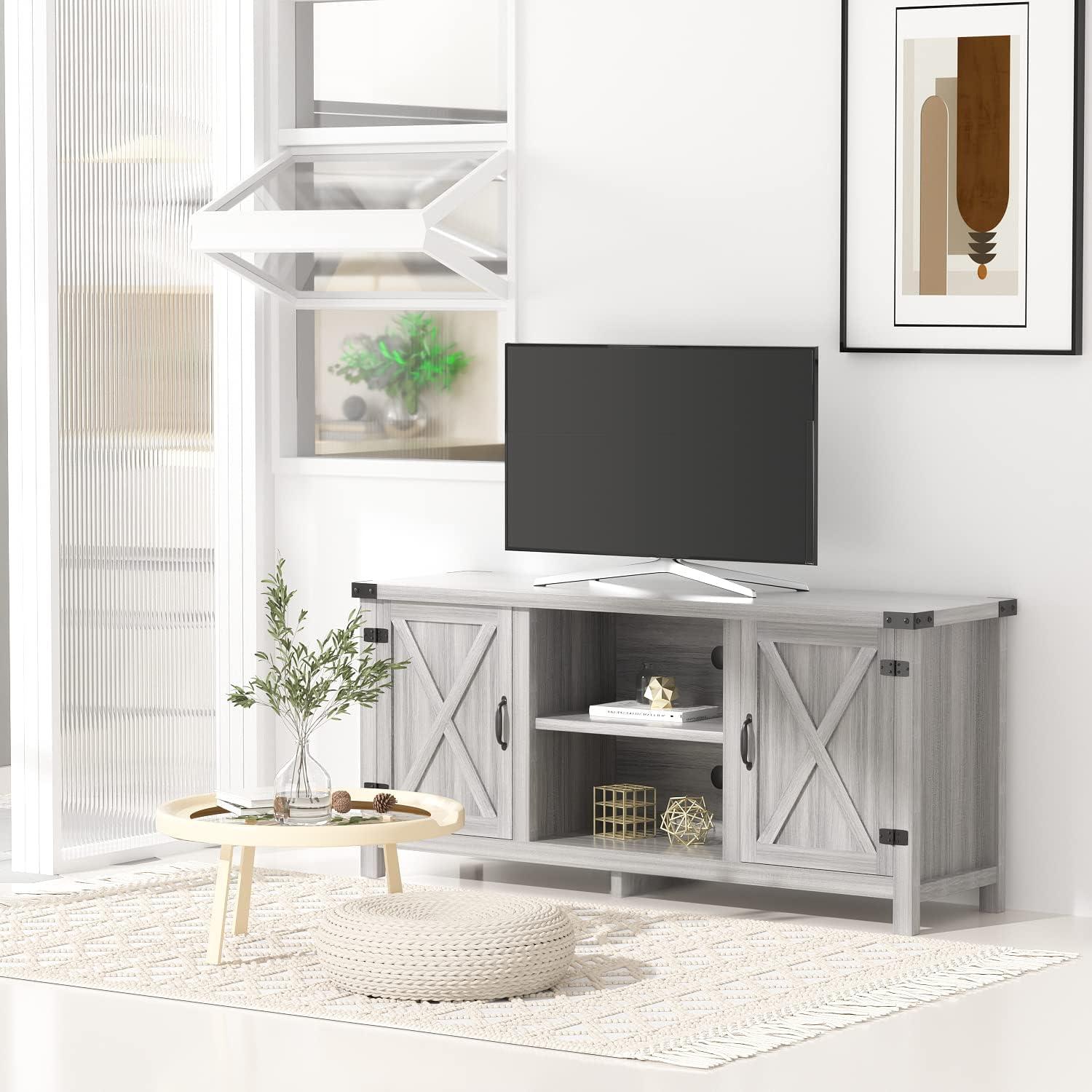 Gray Wash Barn Door TV Stand with Storage Cabinets