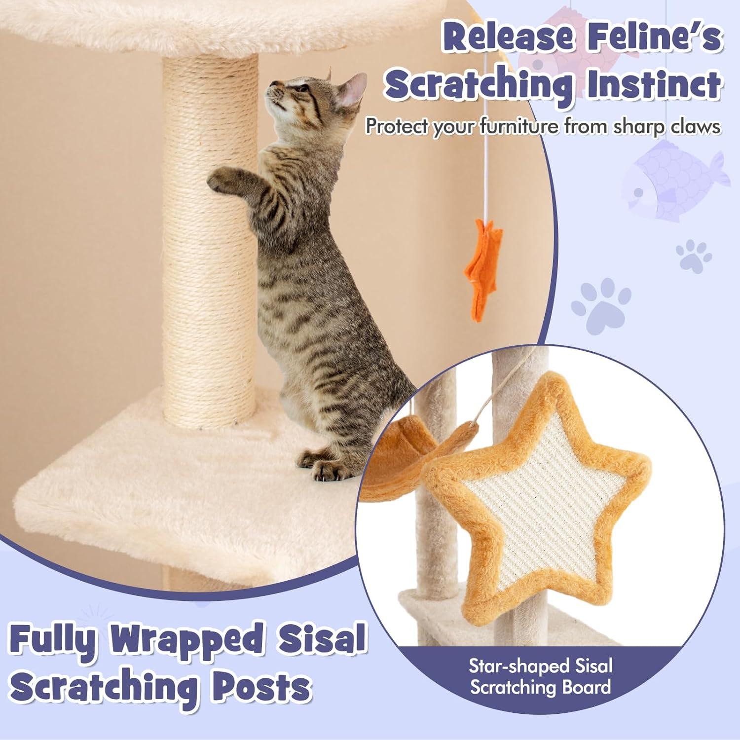 PawHut Cat Tree, 63 Inch Moon and Star Themed Cat Tower with Scratching Post, Hammock, Condo, Bed, Scratching Board & Cat Toys, Beige