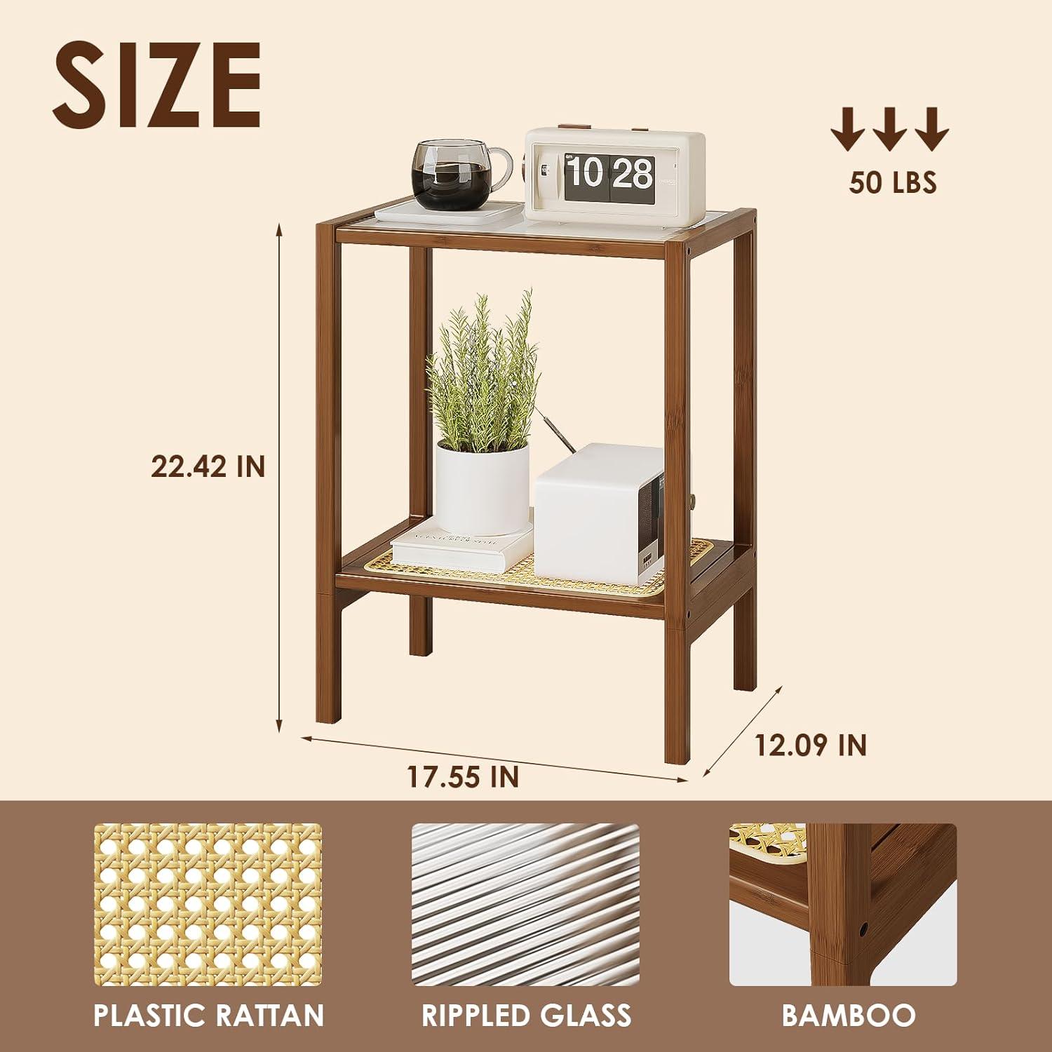 Bamboo and Glass 2-Tier Rattan Side Table