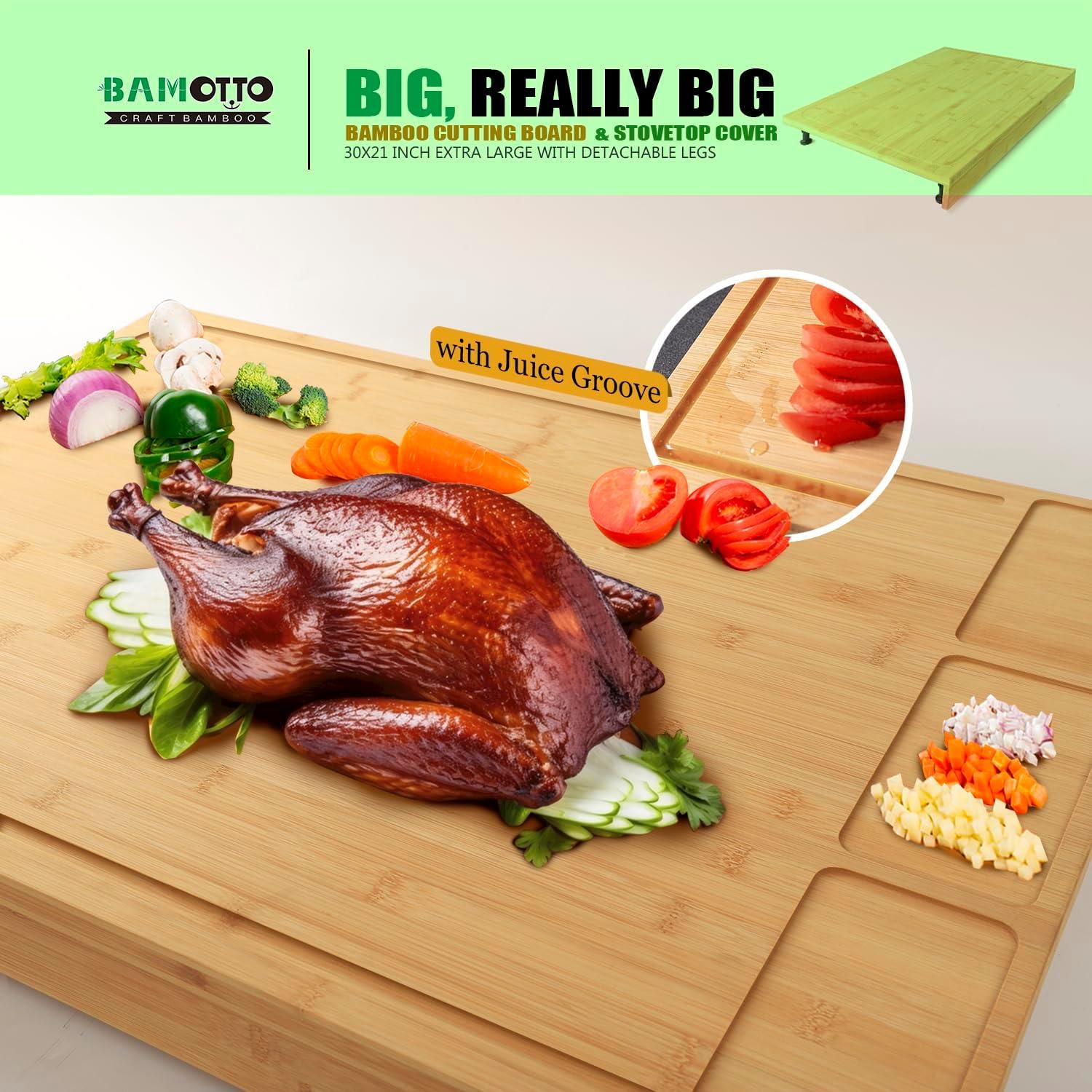 Extra Large Bamboo Cutting Board with Juice Groove and Detachable Legs