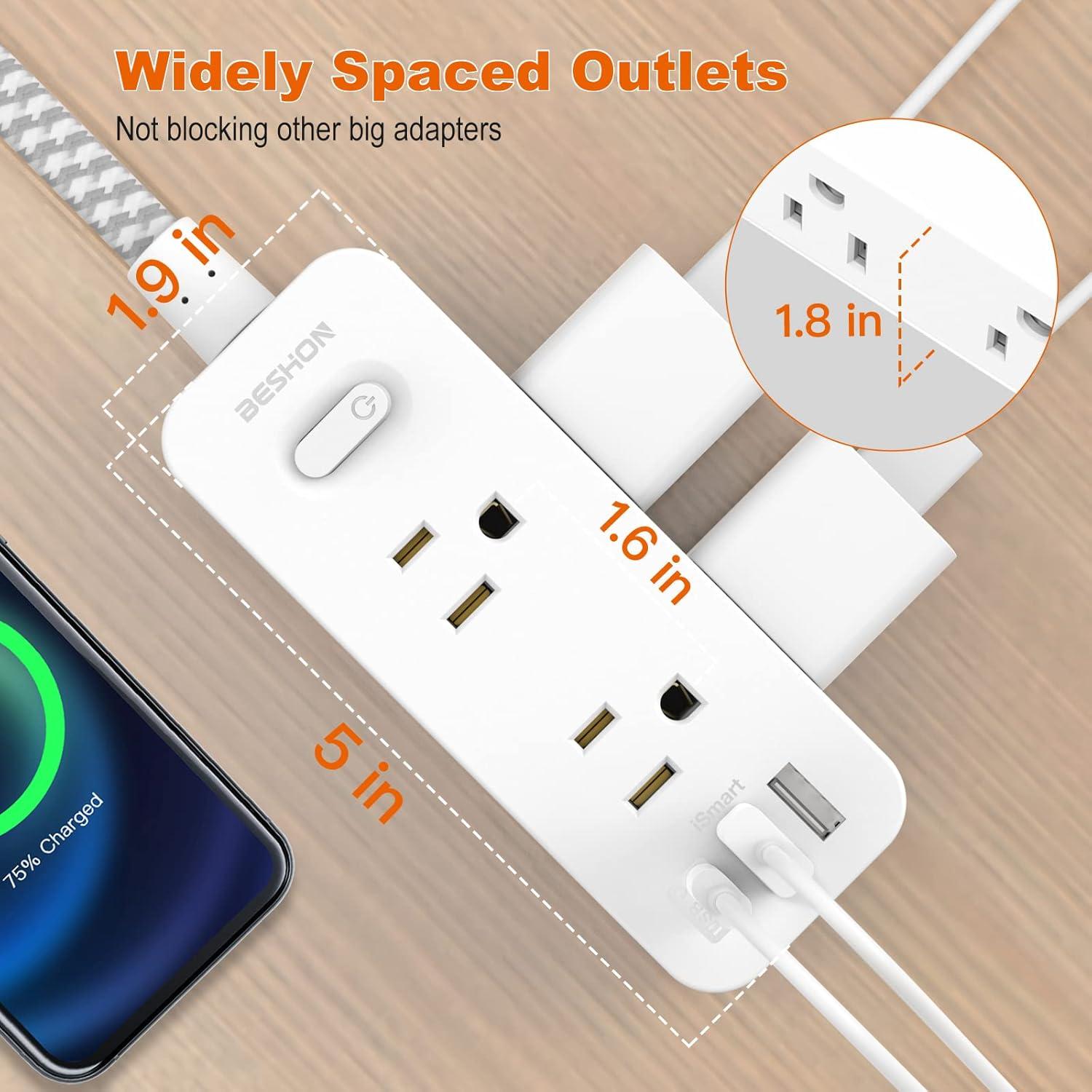 10 FT Extension Cord, Surge Protector Power Strip with 6 Widely AC Outlets 3 USB Ports(1 USB C),3-Side Outlet Extender, Flat Plug, Wall Mount for Home, Office,Travel and Dorm Essential