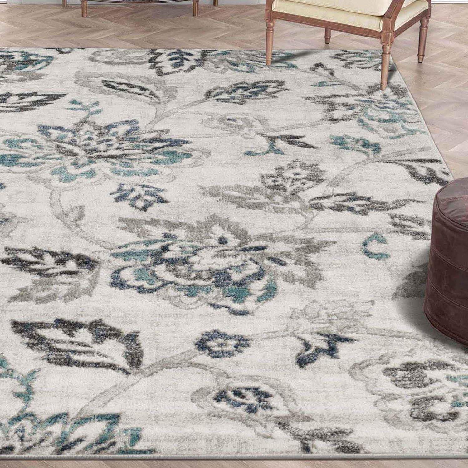 Superior Jacobean Floral Indoor Area Rug, 5' x 8', Stone