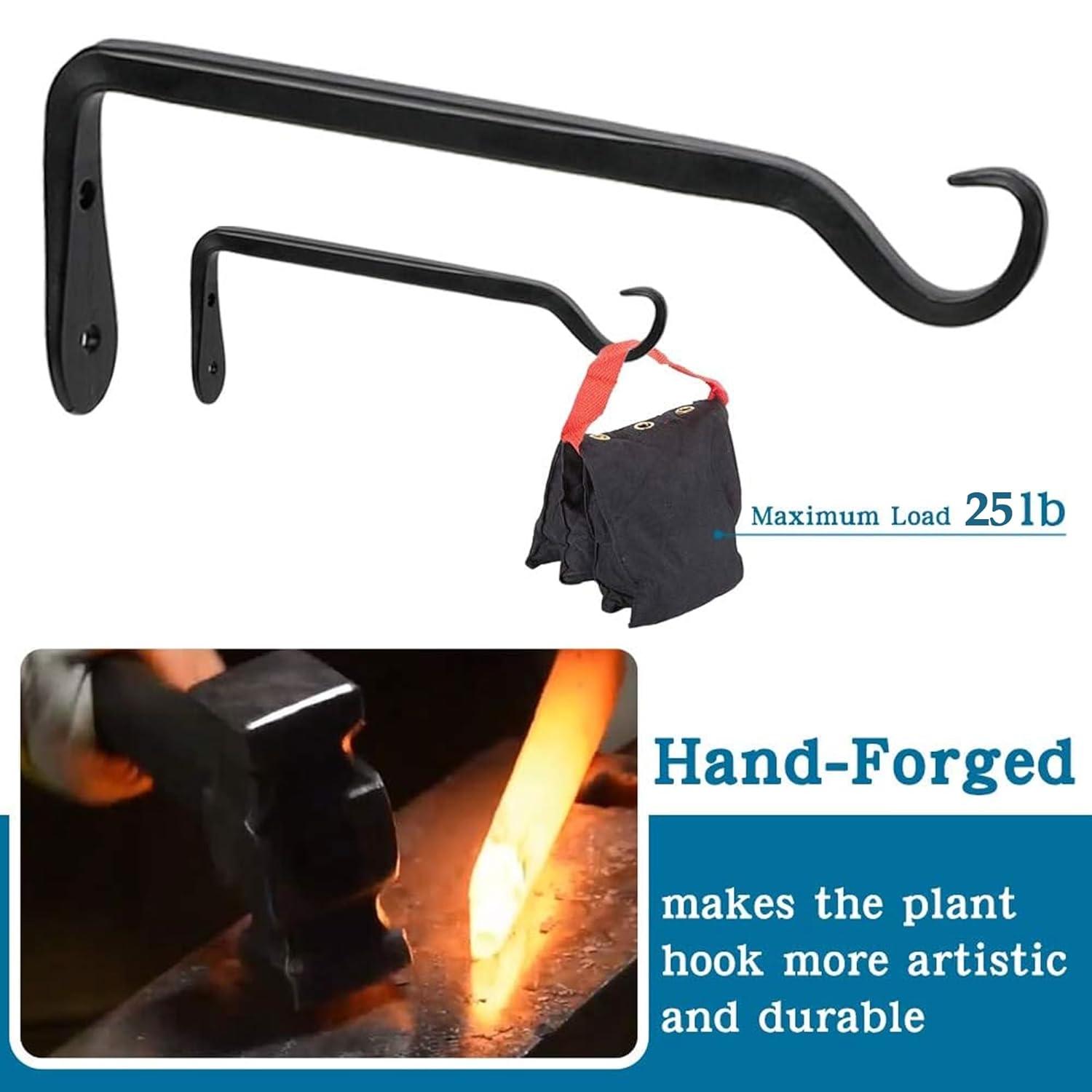 6-Pack 7" Plant Hanger Bracket - Forged Wrought Iron Powder-Coated Heavy Duty Wall Hook - Black Plant Hanging Hooks - Durable and Stable for Bird Feeders, Planters Indoor & Outdoor