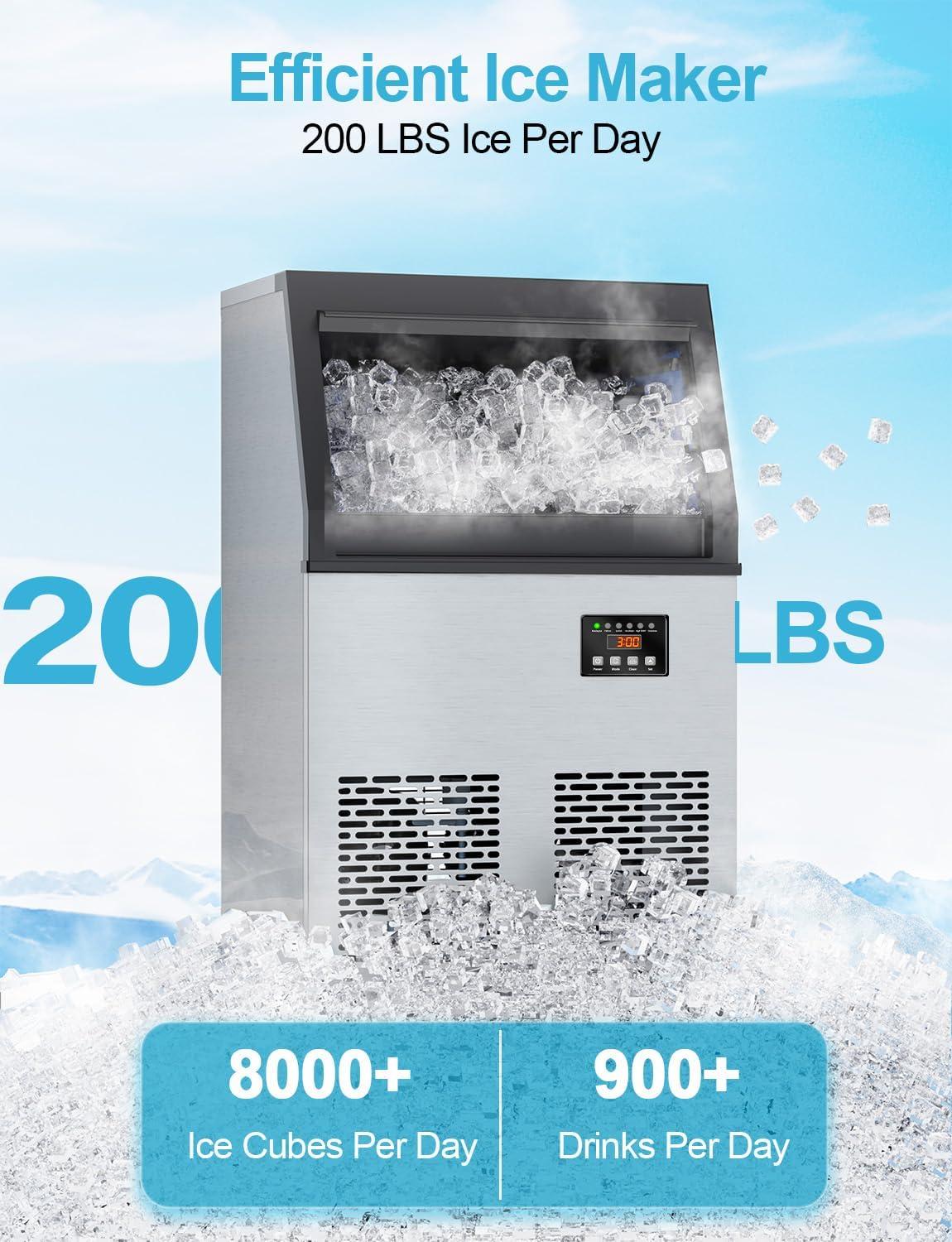 Coolski Coolski Commercial Ice Machine 200 Daily Production, Under Counter Ice Maker with Ice Bin LED Lighting, ETL Approved