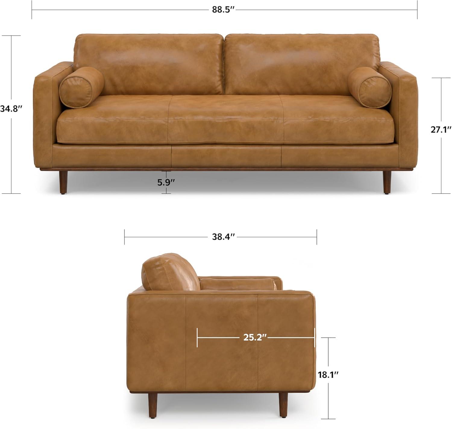 Simpli Home Morrison Genuine Leather Sofa, Mid-Century Modern Couch for Living Room, Handcrafted with Removable Cushions