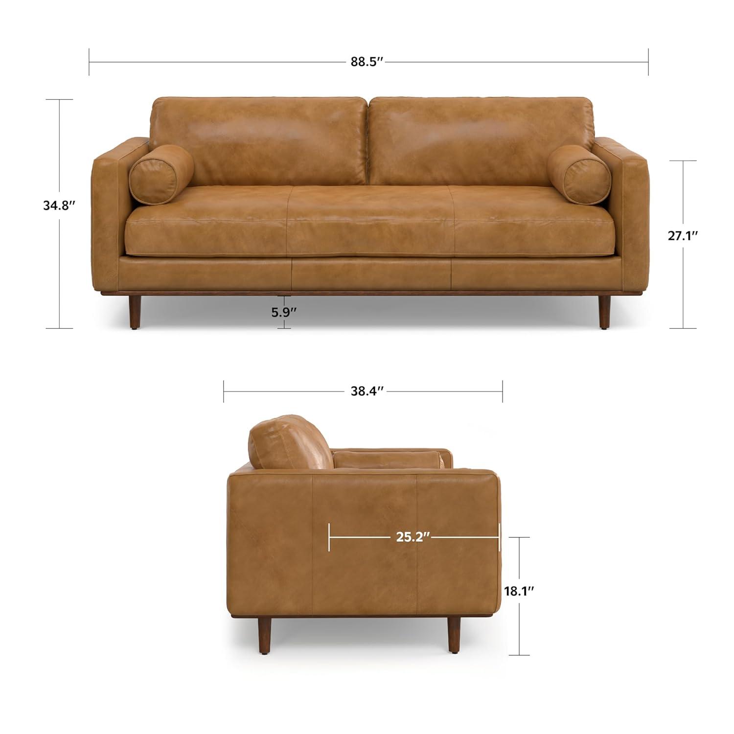Simpli Home Morrison Genuine Leather Sofa, Mid-Century Modern Couch for Living Room, Handcrafted with Removable Cushions