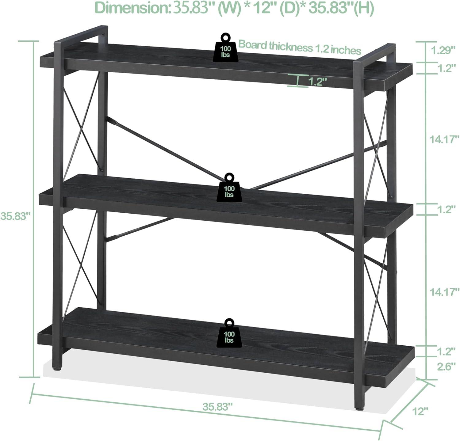 Black 3-Tier Adjustable Industrial Bookcase with Metal Frame