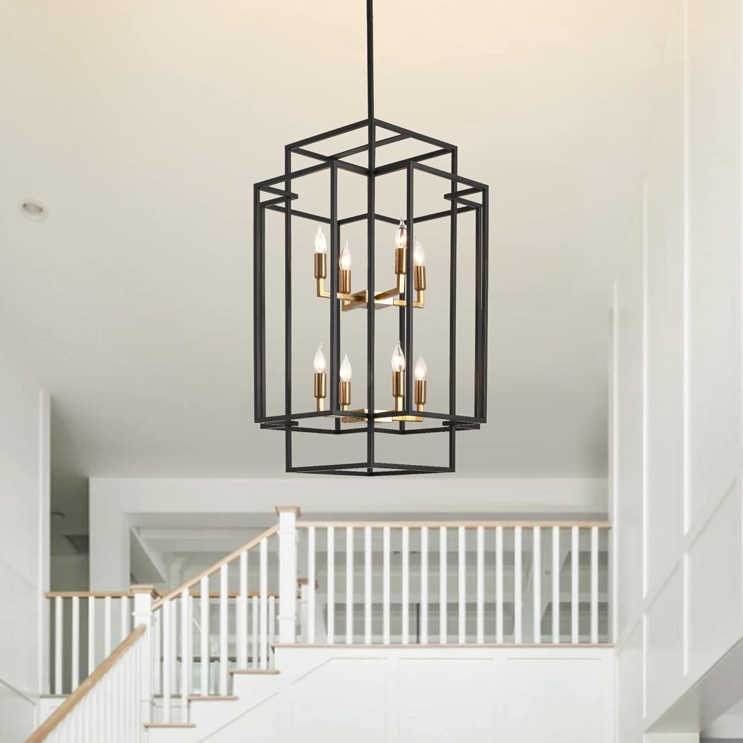 8-Light Black and Gold Industrial Lantern Chandelier