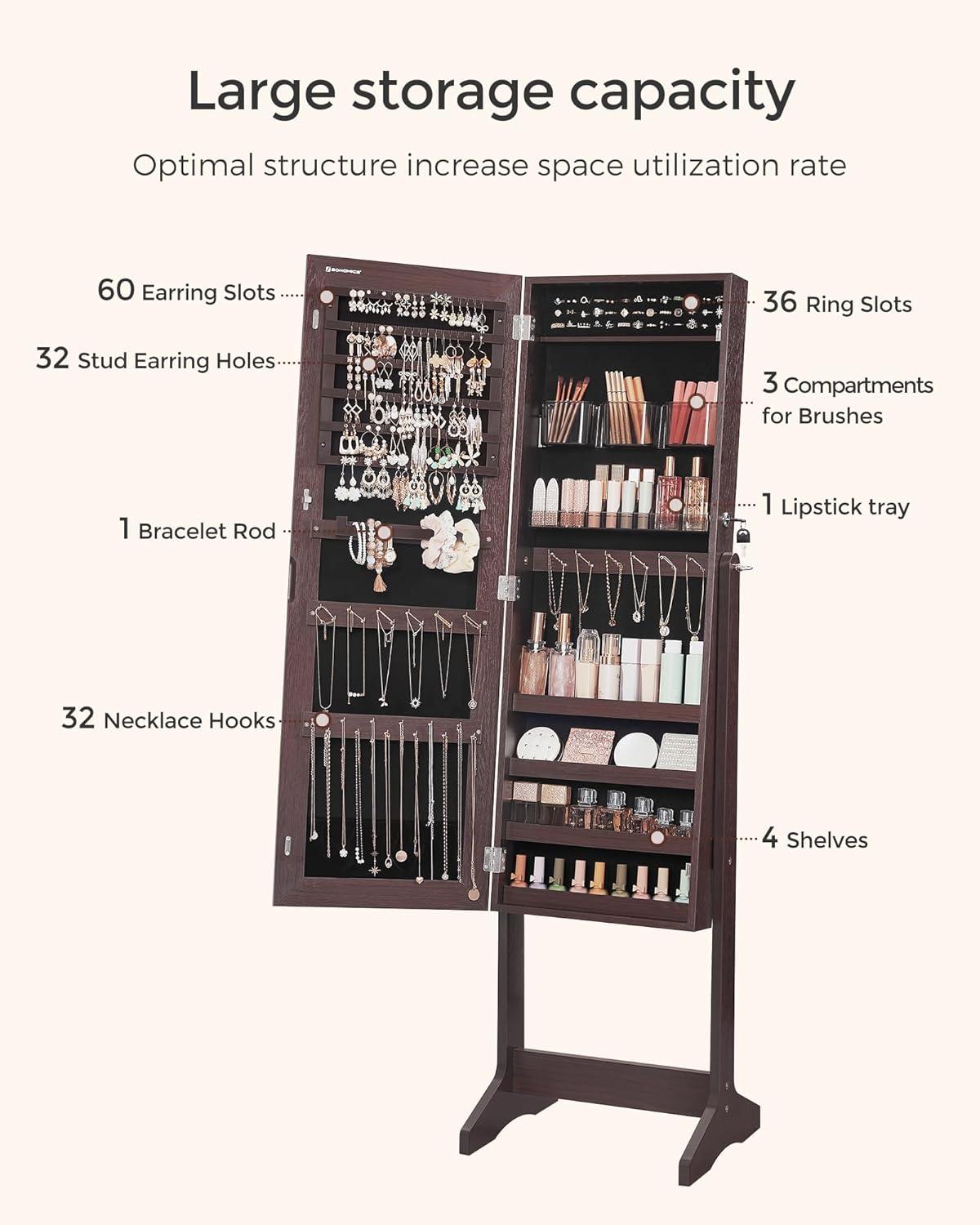 Freestanding Jewelry Cabinet Armoire Organizer with Bevel Edge Mirror