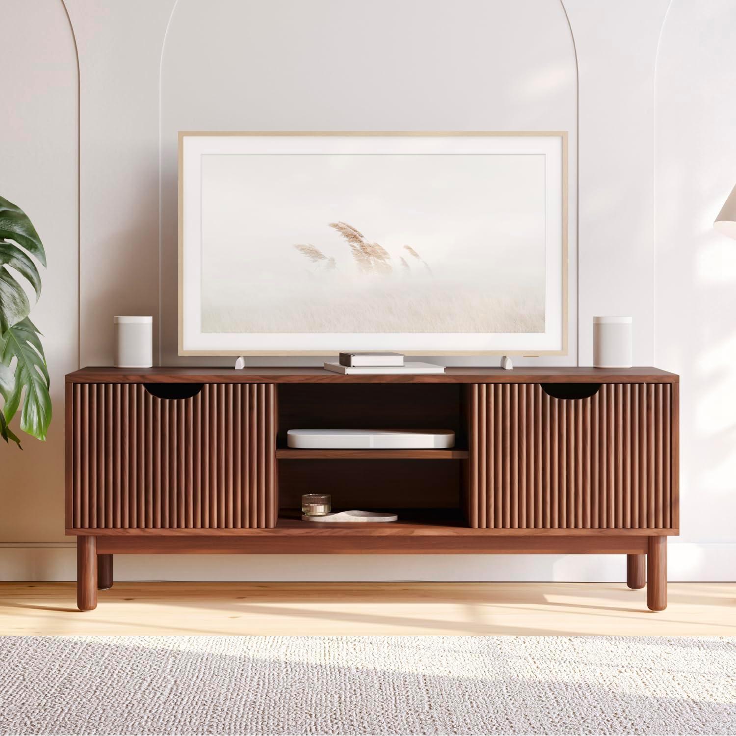 Stead Low Profile Fluted TV Stand - Mid Century Media Console - 48” Entertainment Center with Shelves and Doors, Walnut Finish