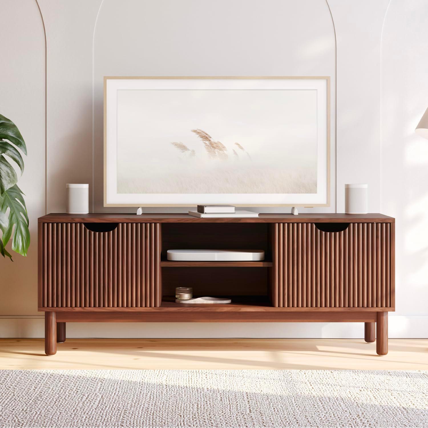 Stead Low Profile Fluted TV Stand - Mid Century Media Console - 48” Entertainment Center with Shelves and Doors, Walnut Finish